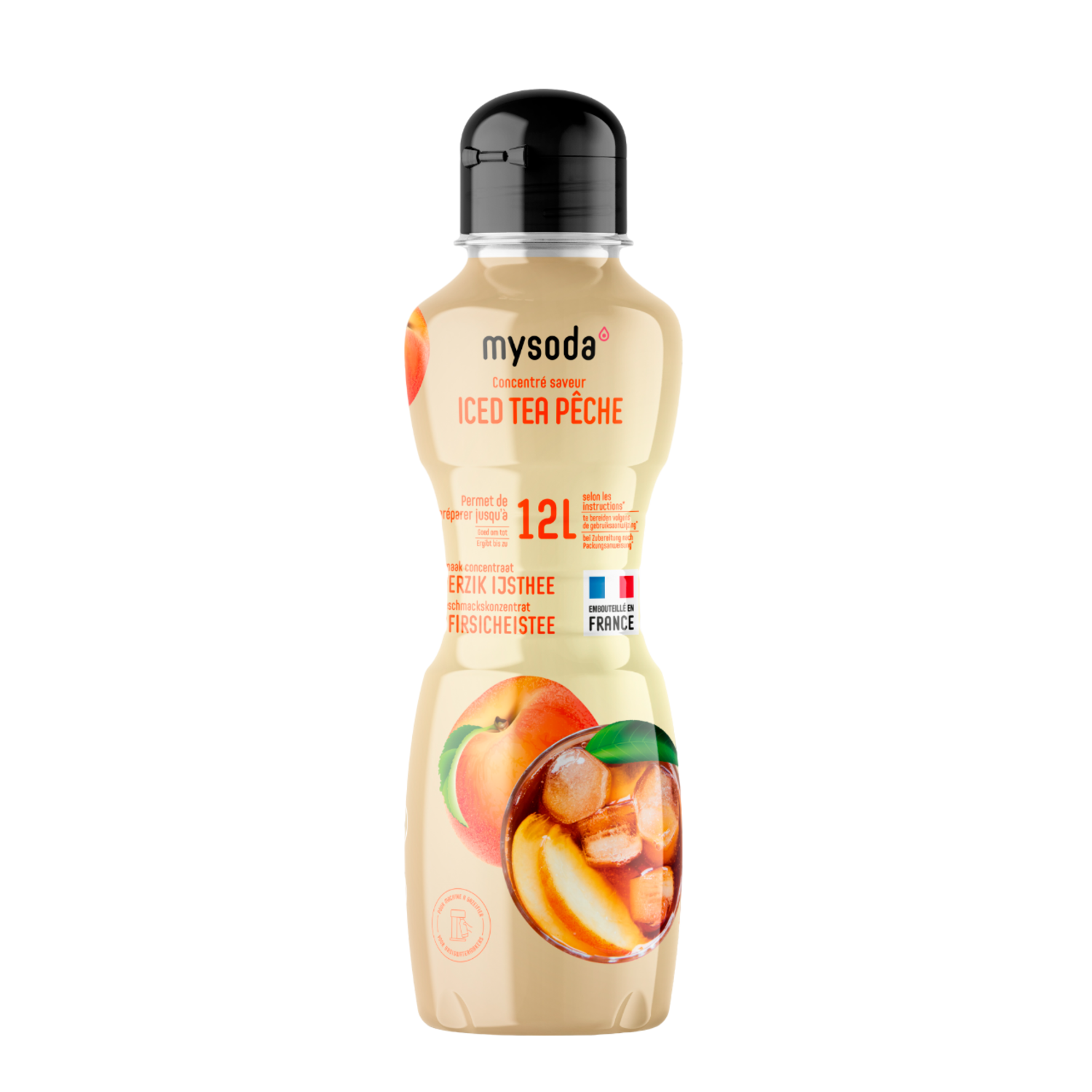 Fles mysoda Iced Tea Peach concentraat. Perzik, ijsblokjes en tekst zijn zichtbaar.