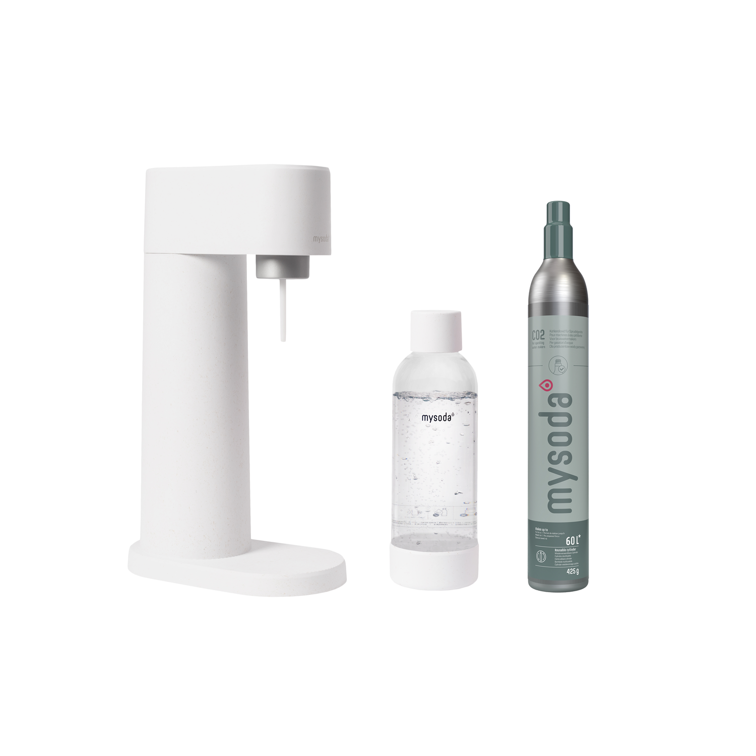 Een witte sodamaker met een fles en een CO2-patroon ernaast. Alles op een witte achtergrond.