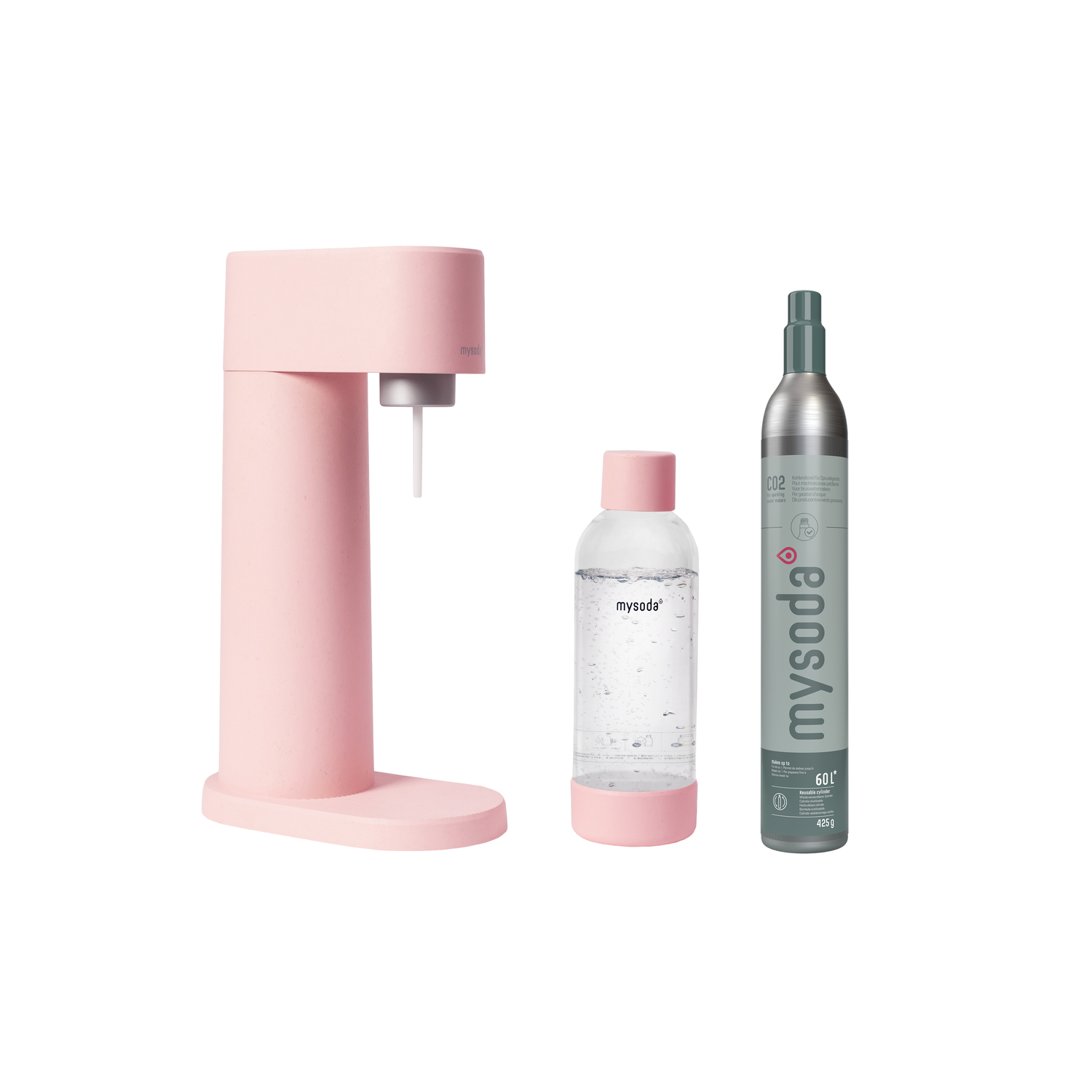 A pink soda maker, a water bottle, and a CO2 cylinder on a white background.