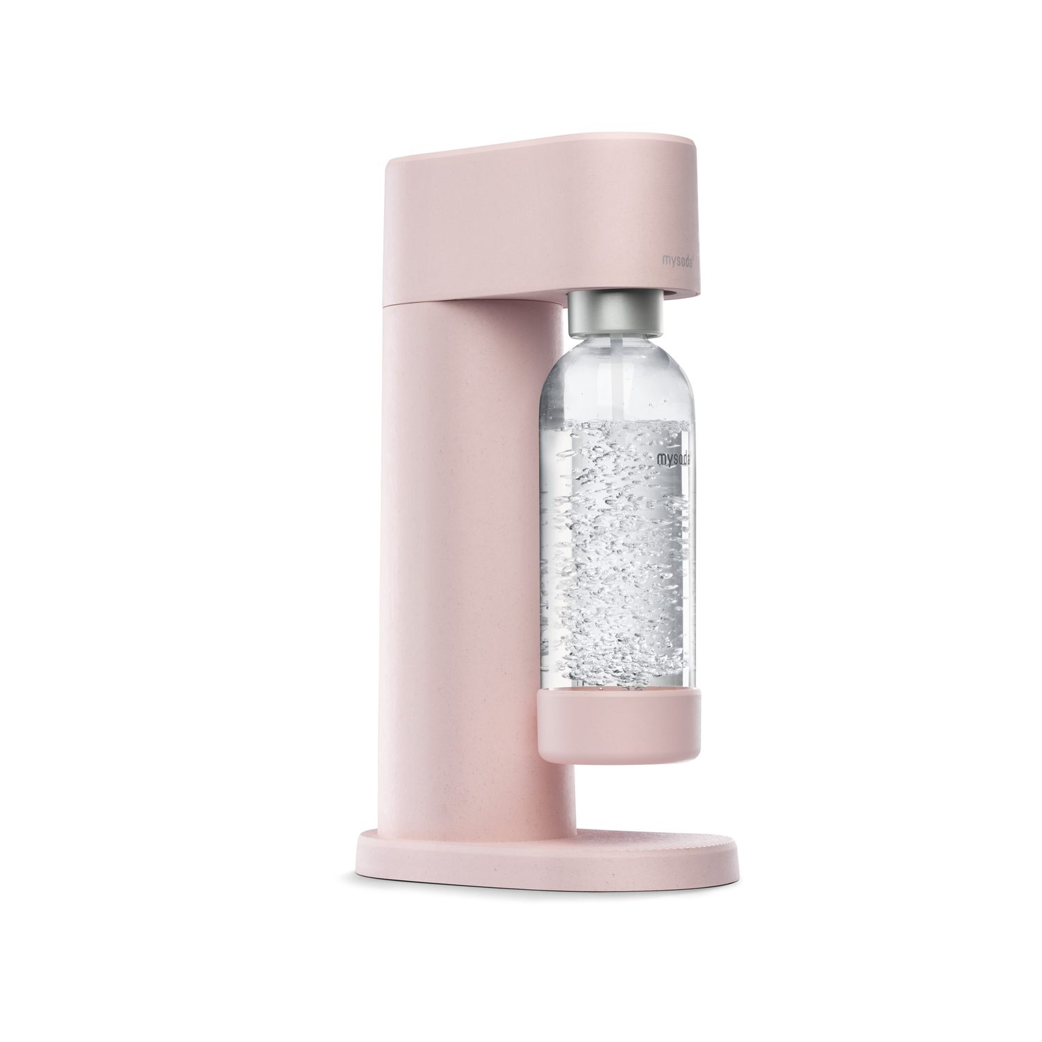Pink soda maker with a clear bottle filled with bubbles.