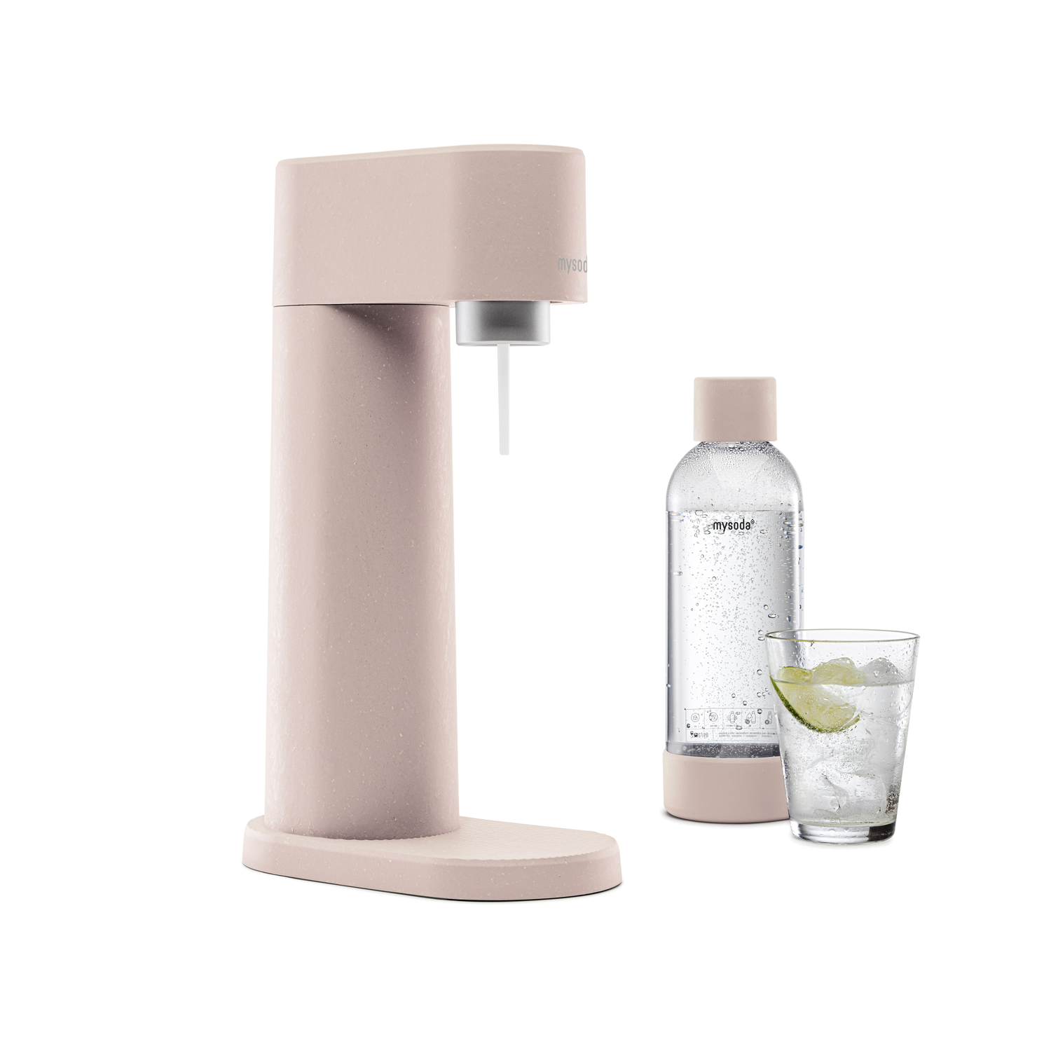 A pink soda maker, a clear bottle with water, and a glass with ice and lime.