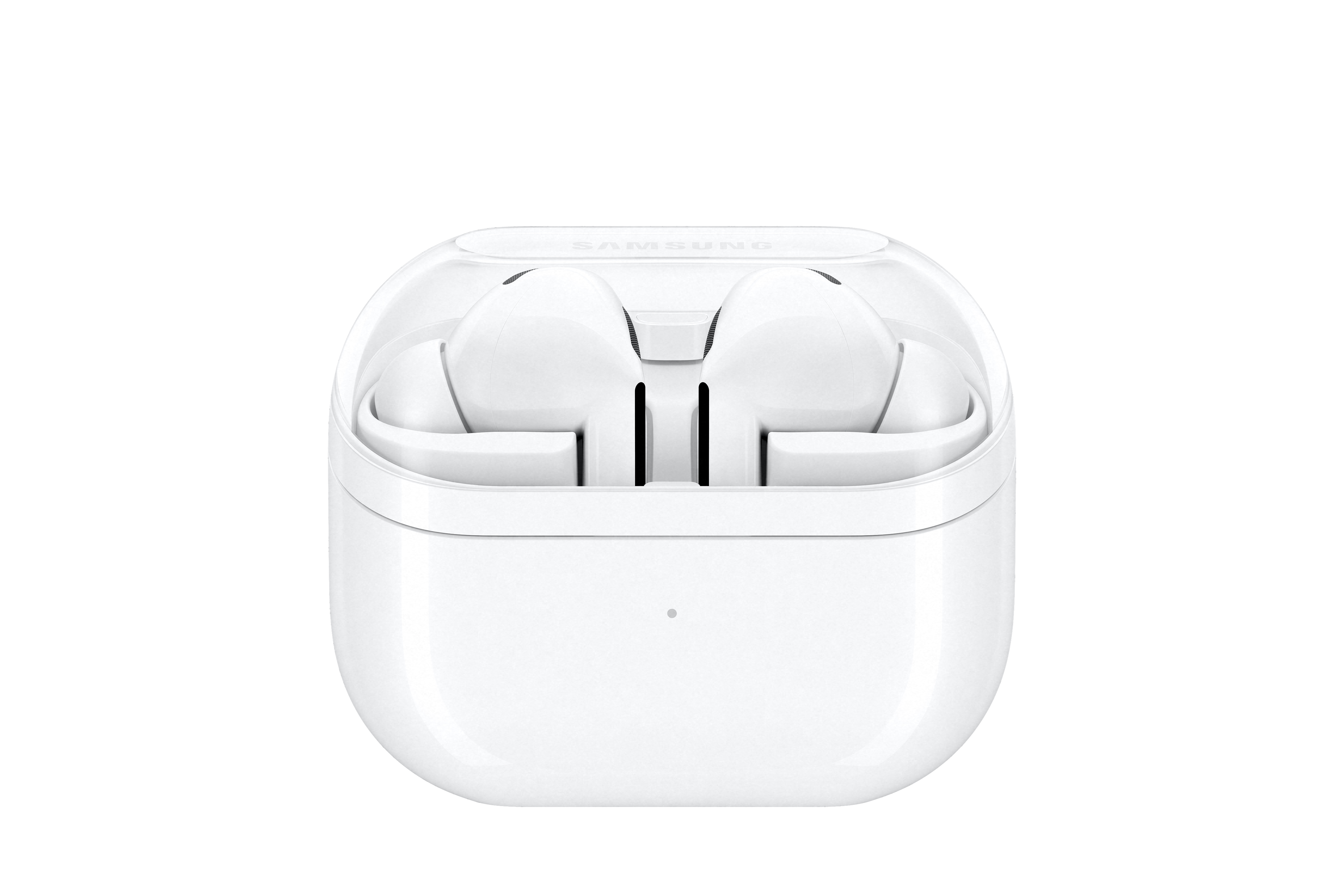 Weiße Samsung Galaxy Buds in einem Ladecase, vor schwarzem Hintergrund.