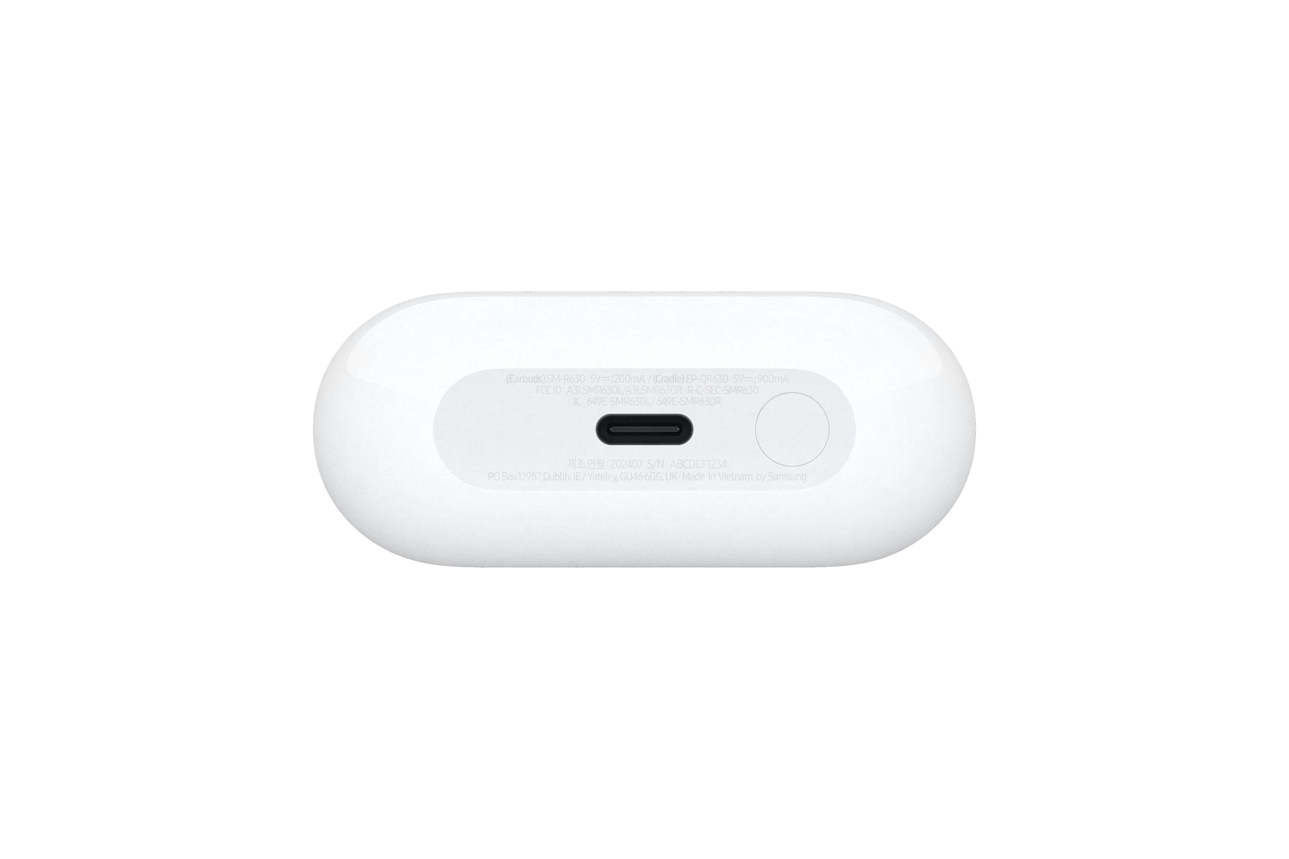 Weißes Ladeetui für Ohrhörer. Es hat einen USB-C-Anschluss und einen kleinen Knopf. Schwarzer Hintergrund.