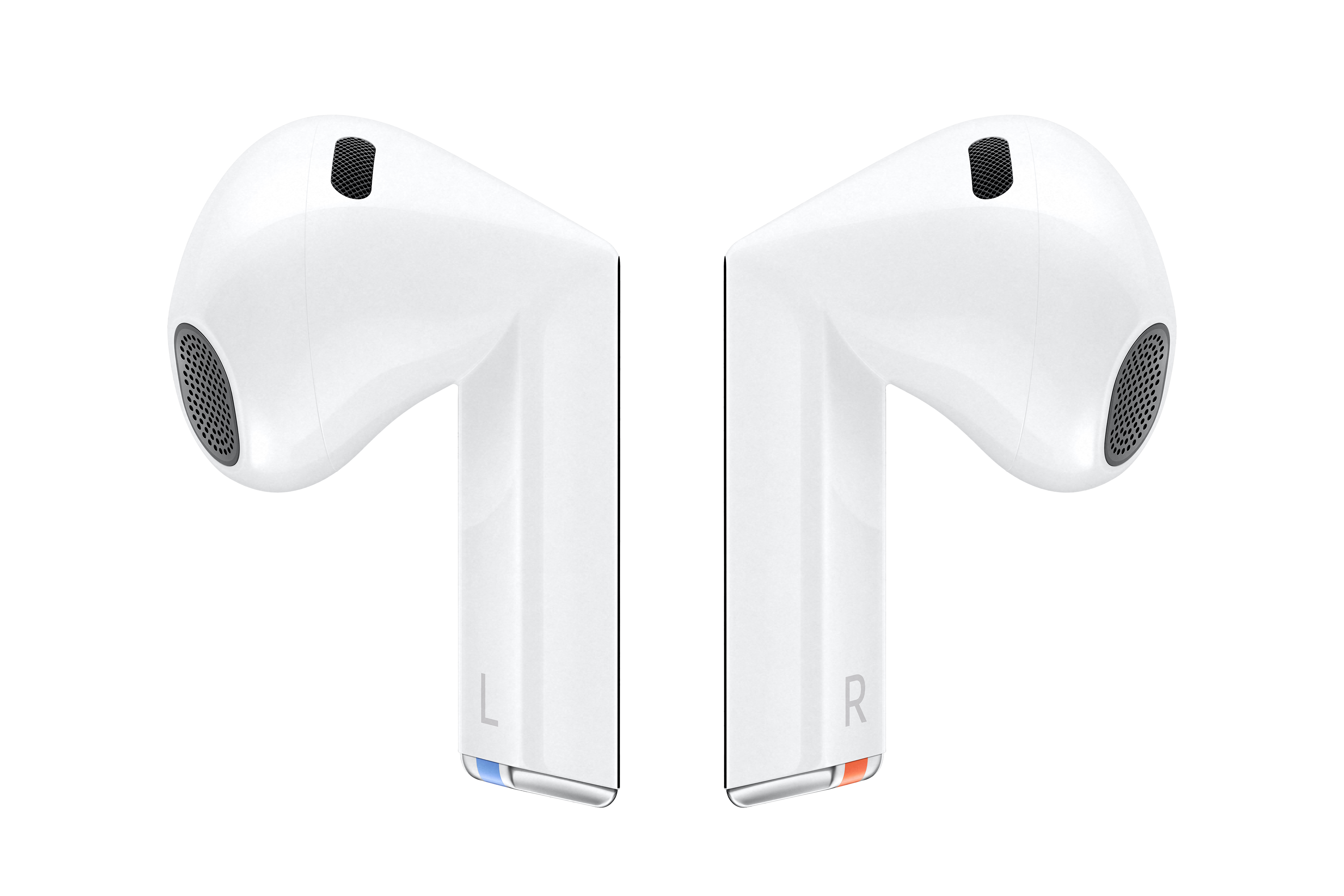 Zwei weiße AirPods, die sich vor schwarzem Hintergrund nach außen neigen.