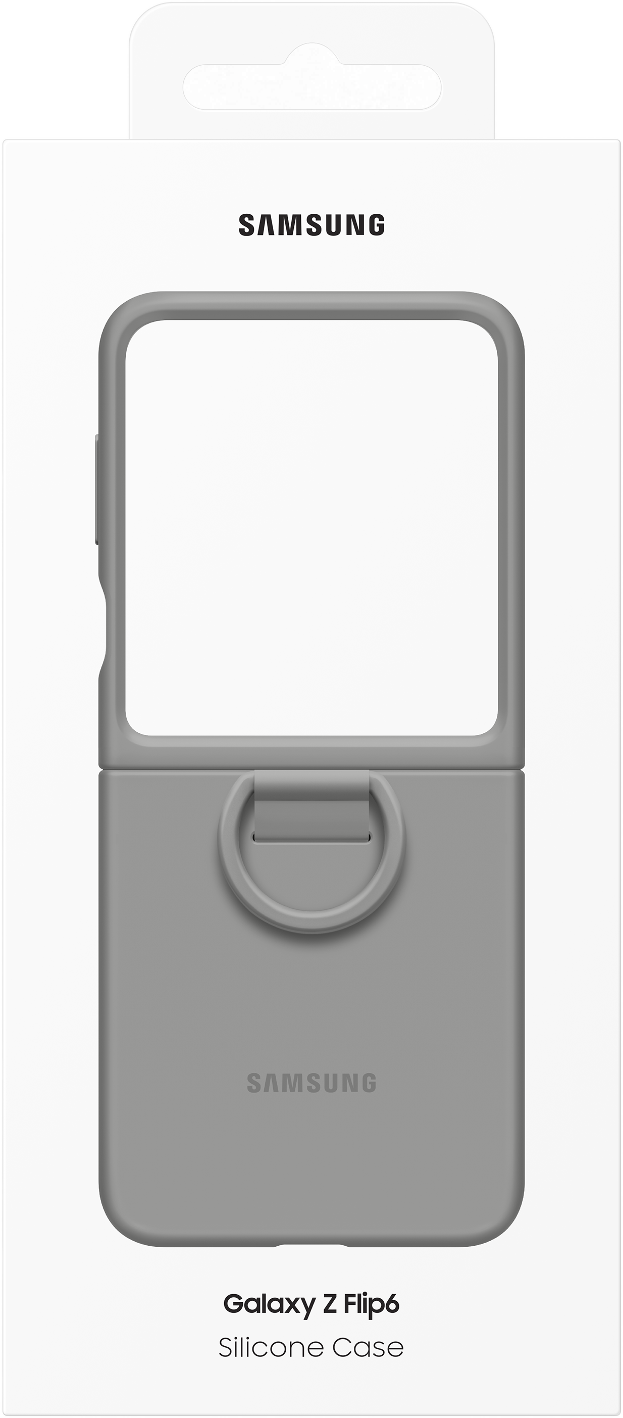 Szürke Samsung Galaxy Z Flip6 szilikontok a csomagolásában. A tok gyűrűcsatlakozással rendelkezik.