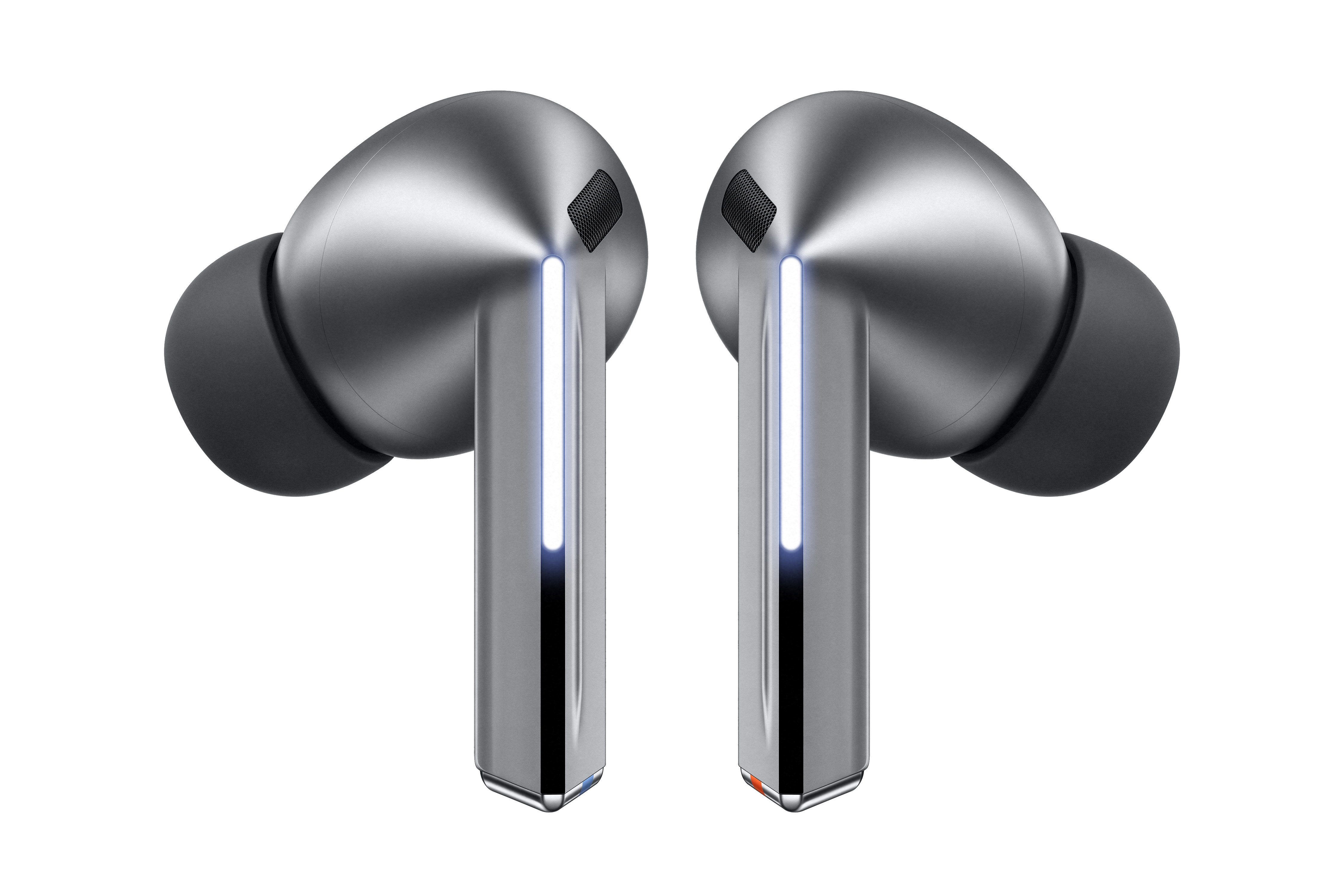 Zwei silberne Ohrhörer. Sie haben ein schlankes Design und einen Lichtstreifen an der Seite.