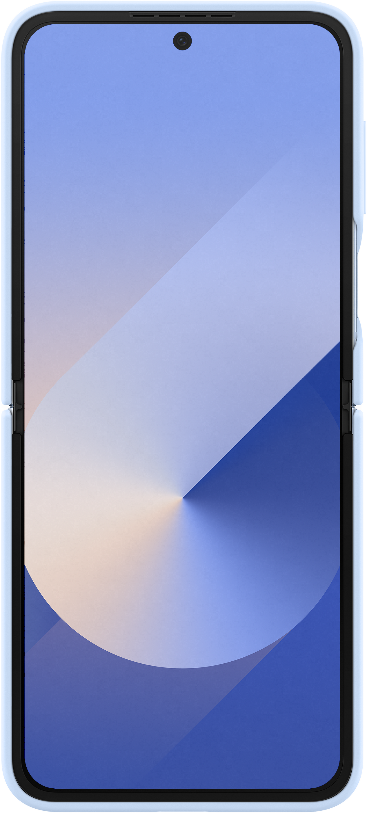 Összecsukható telefon kék tokkal, a képernyő gradienset mutat.