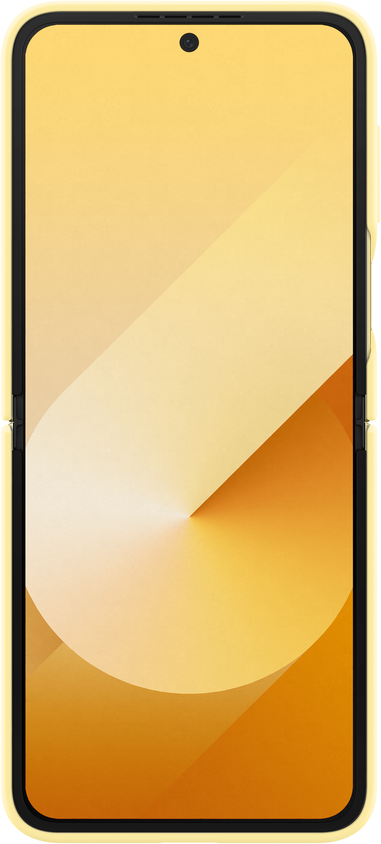 Összecsukható telefon sárga tokkal, a képernyő gradienset mutat.