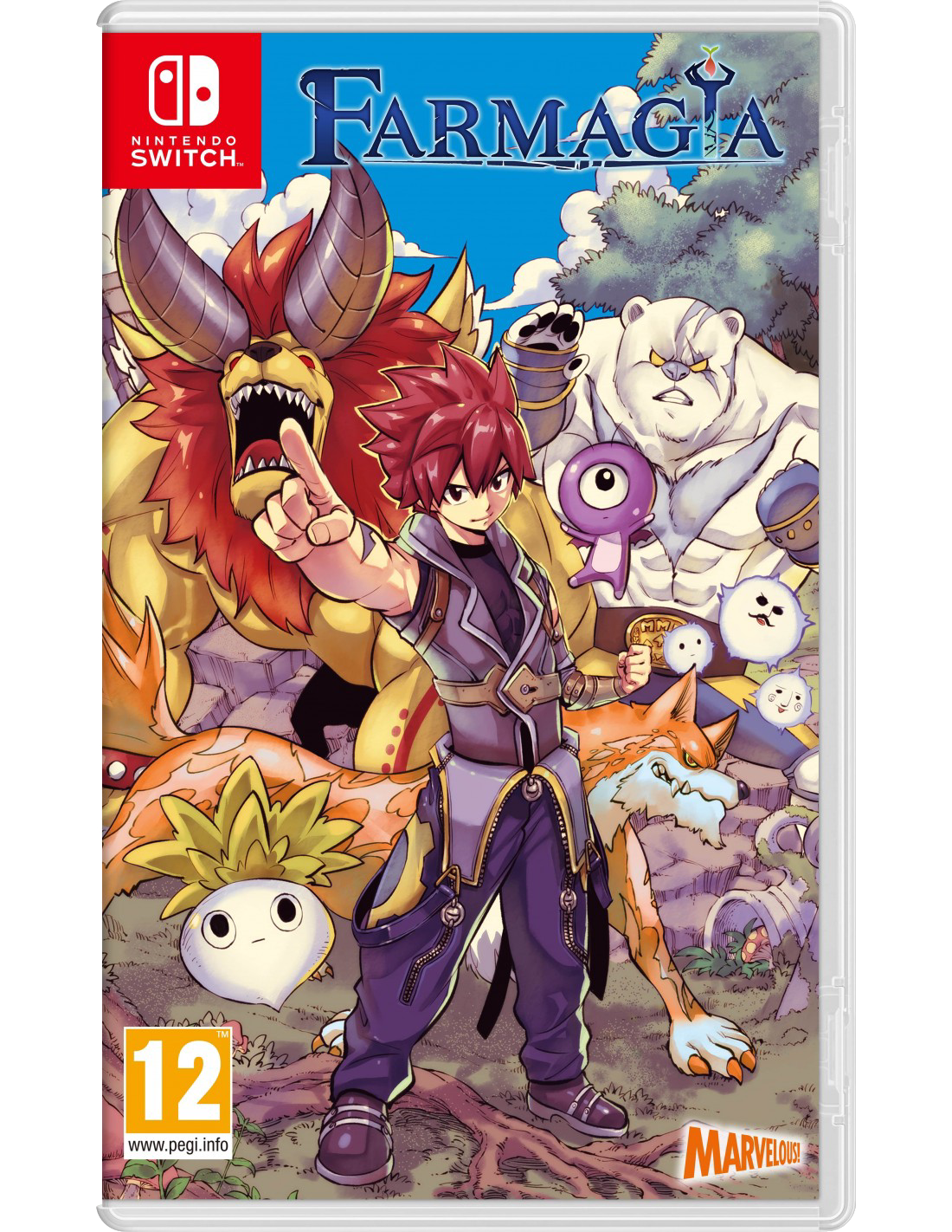 Caja de juego con personajes ilustrados sobre un fondo azul.