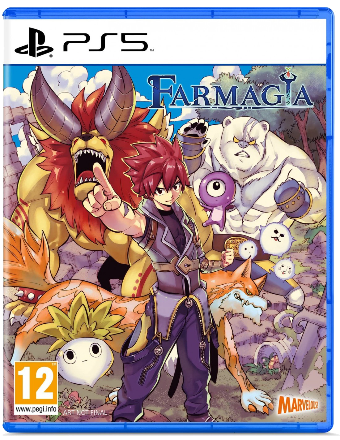 Arte de la caja del juego PS5 para 'Farmagia' con personajes de estilo anime y un borde azul.