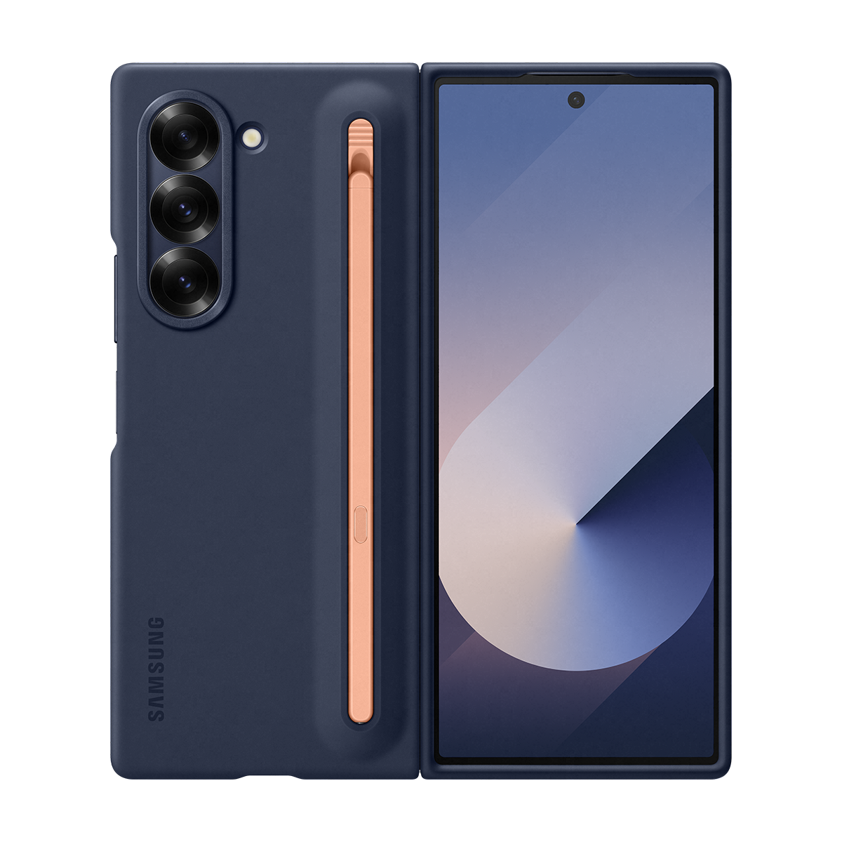 Lacivert telefon kılıfı, stylus, katlanmış telefon. Üç kamera merceği görünüyor.