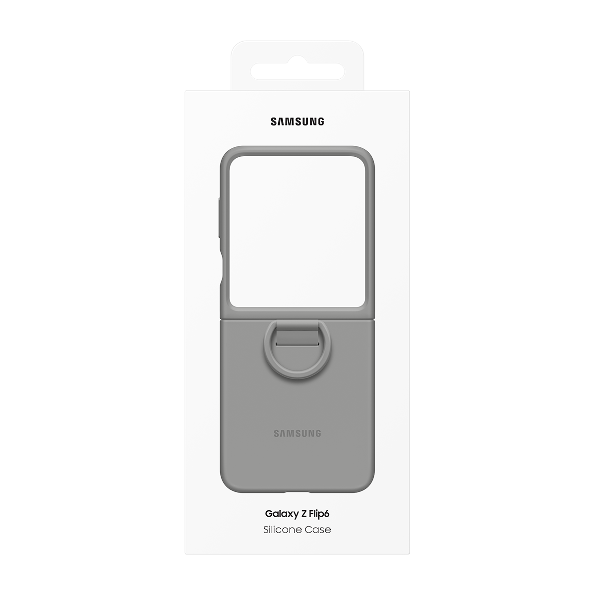 Ambalajında gri bir telefon kılıfı, halka ve Samsung logosu.