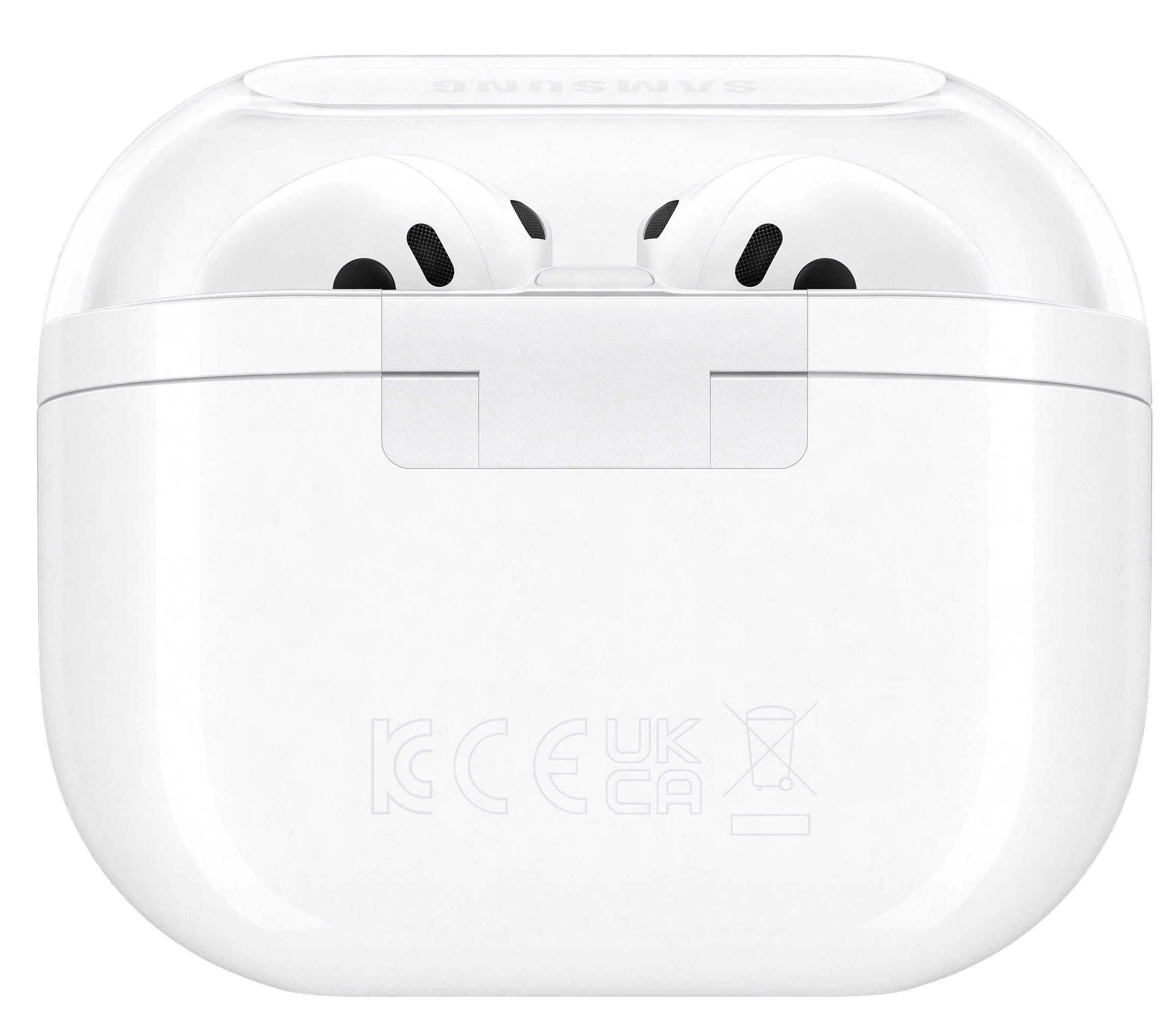 Białe etui na słuchawki z dwoma słuchawkami w środku. Etui ma przezroczystą pokrywę.