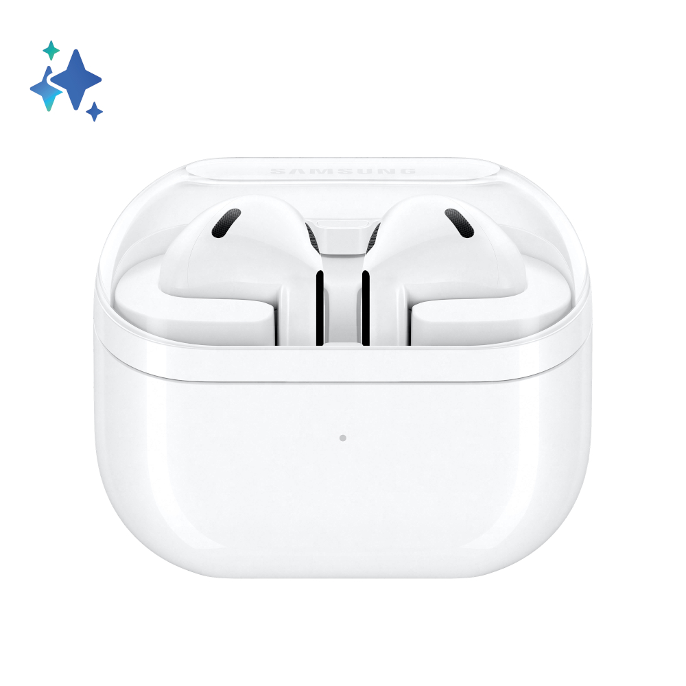 Białe słuchawki w białym etui ładującym, etui otwarte, na białym tle.