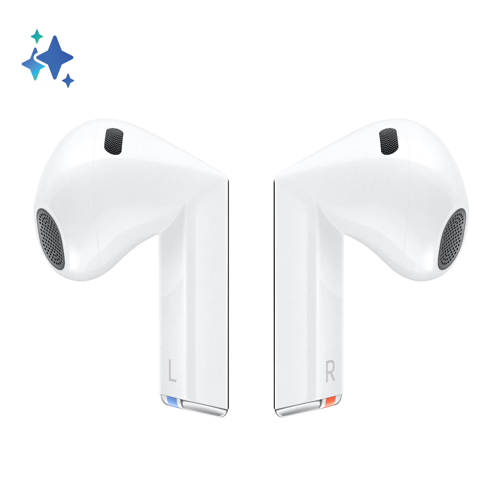 Dwa białe bezprzewodowe słuchawki, ustawione pod kątem, z etykietami 'L' i 'R'.