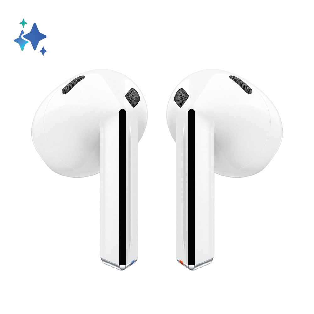 Dwa białe bezprzewodowe słuchawki z czarną siatką na białym tle.