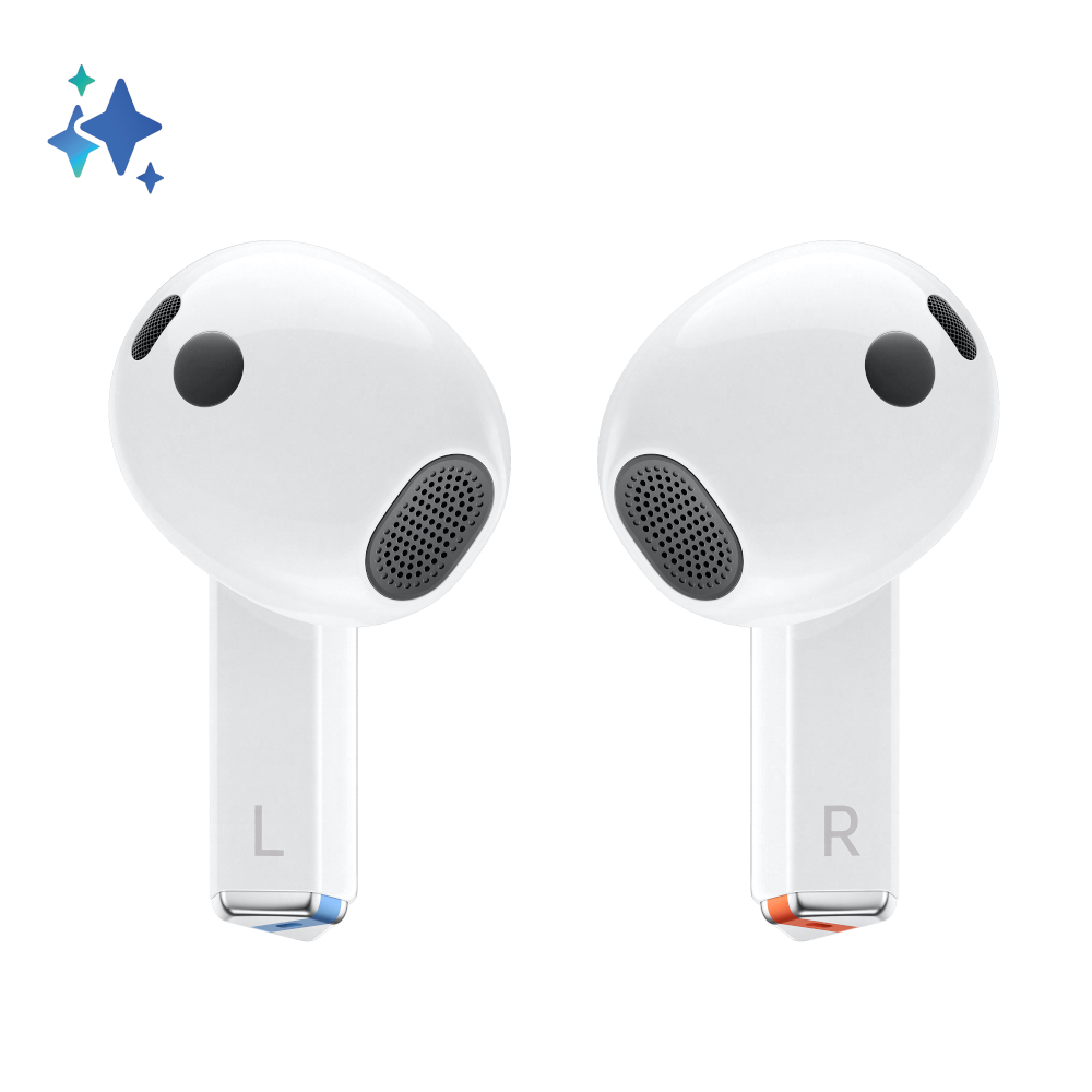 Białe słuchawki, oznaczone 'L' i 'R'. Gwiazdy w lewym górnym rogu.