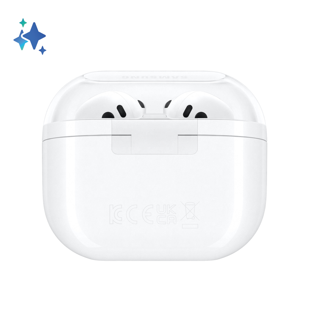 Białe słuchawki w etui ładującym. Otwarte etui, słuchawki widoczne. Gwiazdy w lewym górnym rogu.