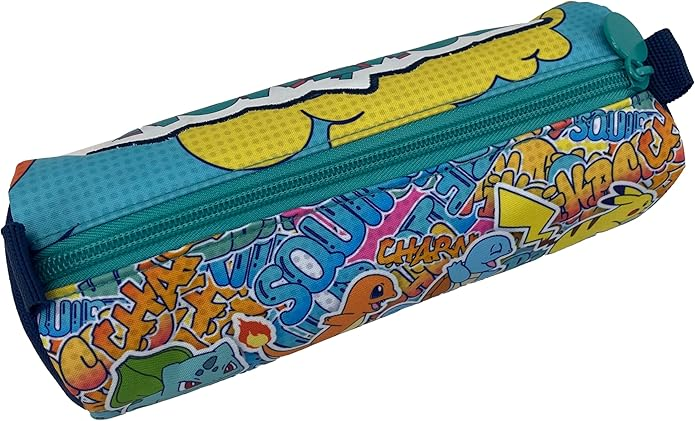 Estuche de lápices Pokémon, diseño azul y grafiti, cremallera cerrada.