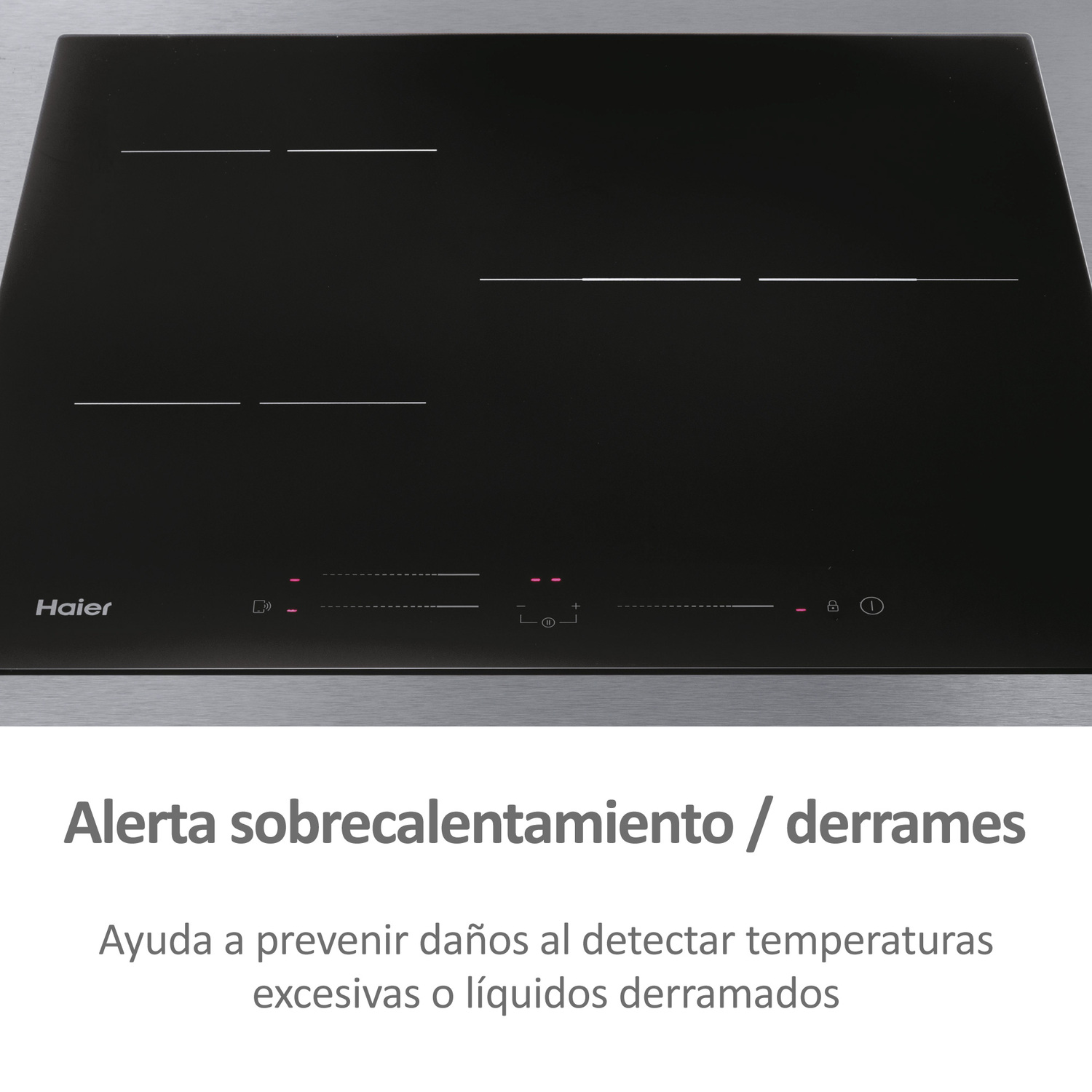 Placa de inducción negra con indicadores, texto sobre sobrecalentamiento/derrames.