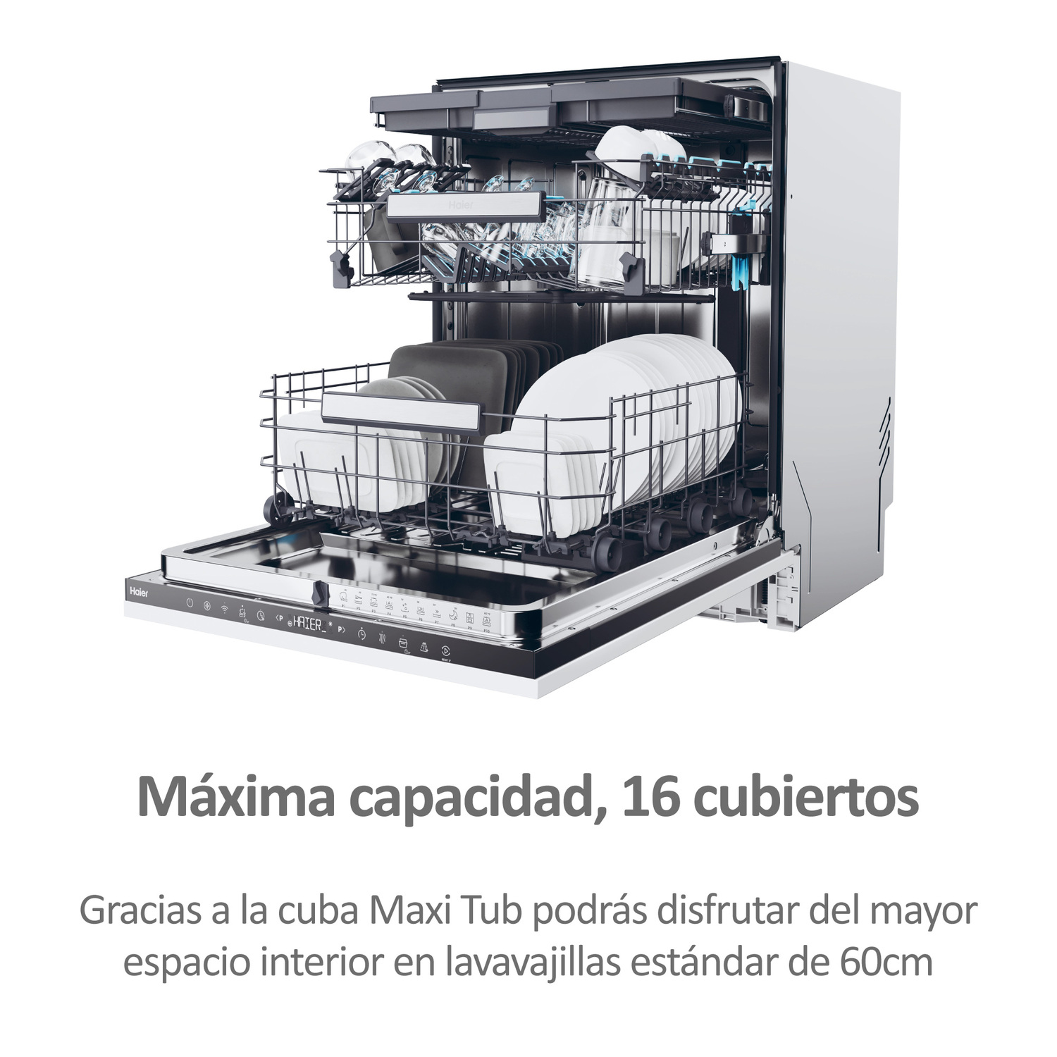 Lavavajillas con puerta abierta, lleno de platos. Interior blanco con platos y utensilios.