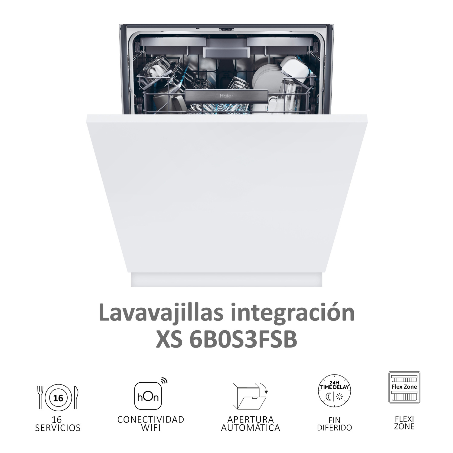 Un lavavajillas blanco con la puerta abierta, mostrando el interior.