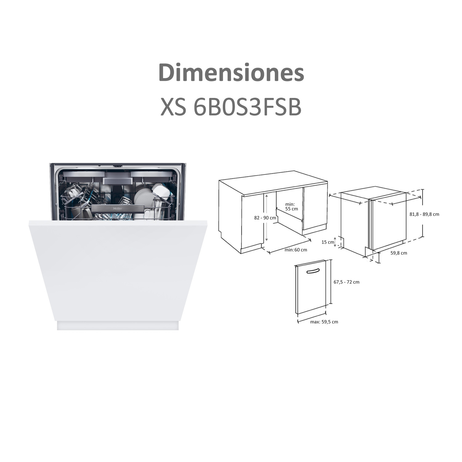 Un lavavajillas blanco con la puerta abierta. Hay un diagrama cercano con dimensiones.