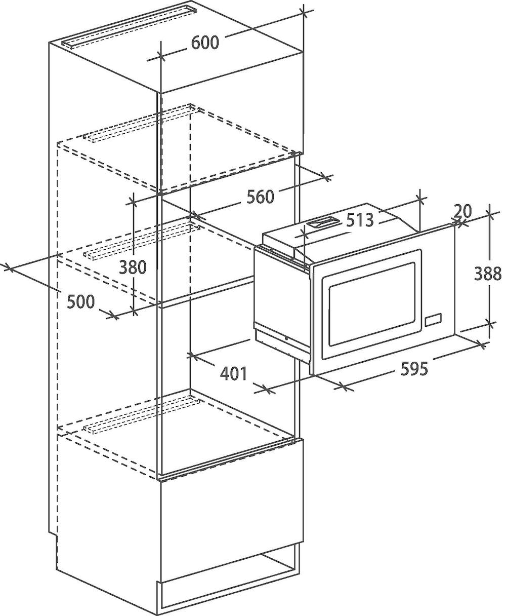 Un dibujo técnico que muestra las dimensiones de un horno microondas empotrado.