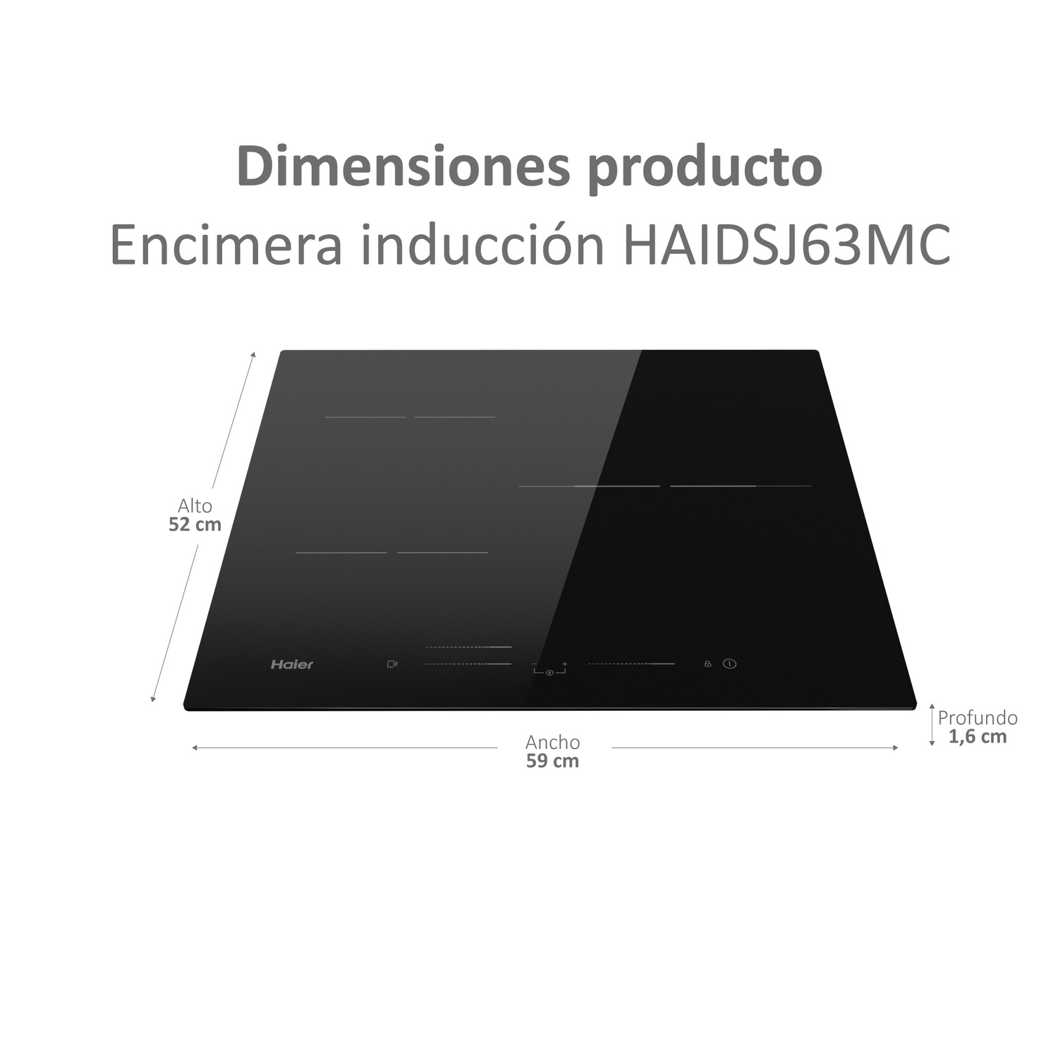 Diagrama de una placa de inducción negra con medidas en cm.
