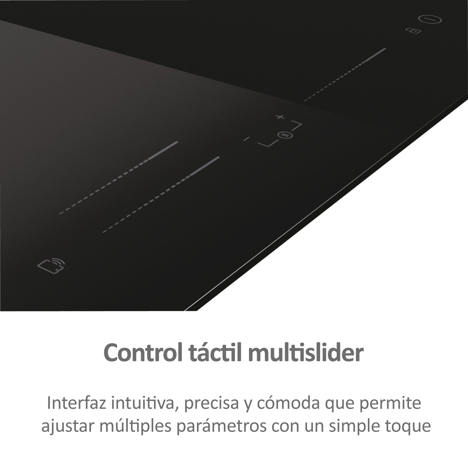 Una encimera negra con controles táctiles. La imagen destaca los detalles del panel de control.