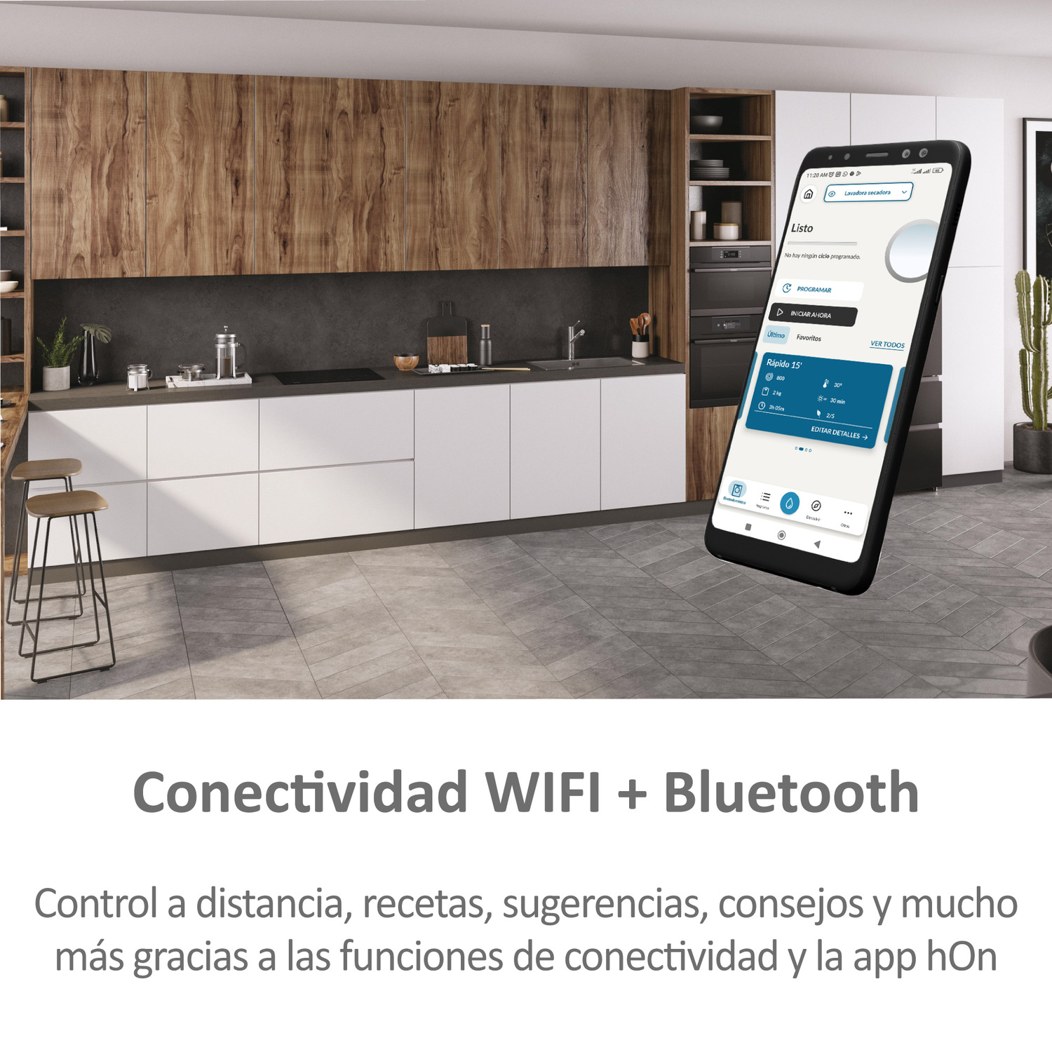 Una cocina moderna con un smartphone mostrando una app, WIFI + Bluetooth.