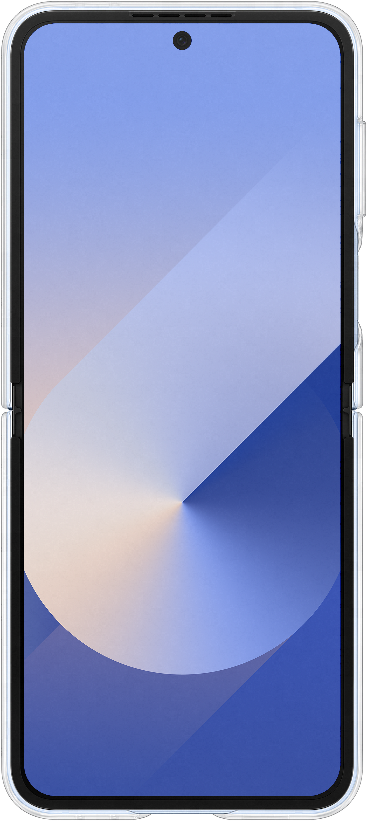 Egy nyitott telefon, kékből fehérbe átmenő képernyővel. A telefon egy átlátszó tokban van.