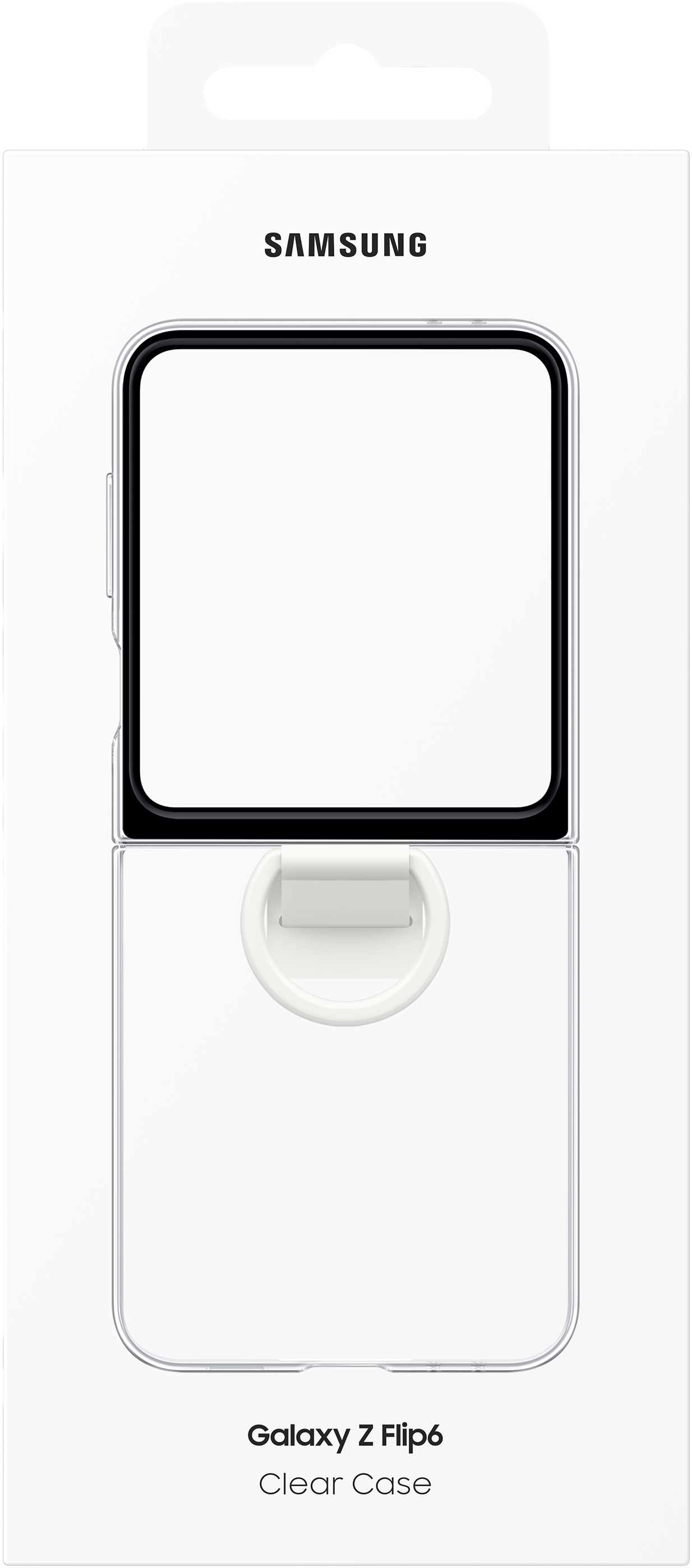 Egy fehér doboz egy átlátszó tokkal egy Galaxy Z Flip6-hoz. A Samsung logója a doboz tetején található.