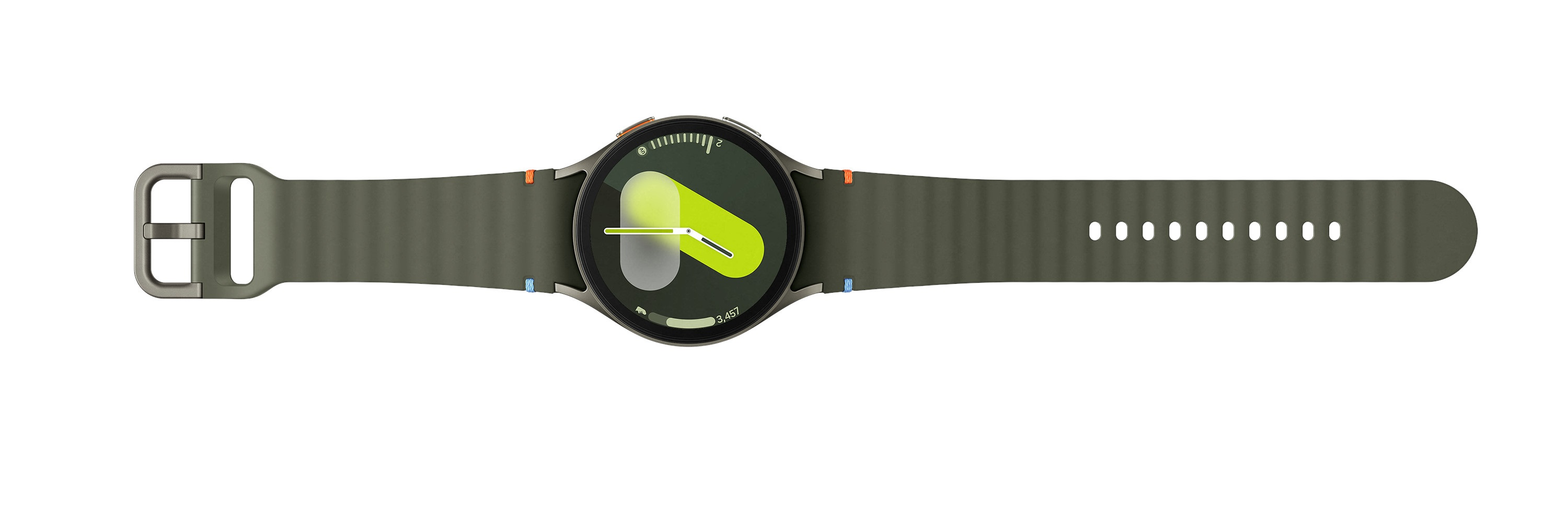 Zielony smartwatch z czarnym wyświetlaczem i zielonym paskiem, ułożony płasko.