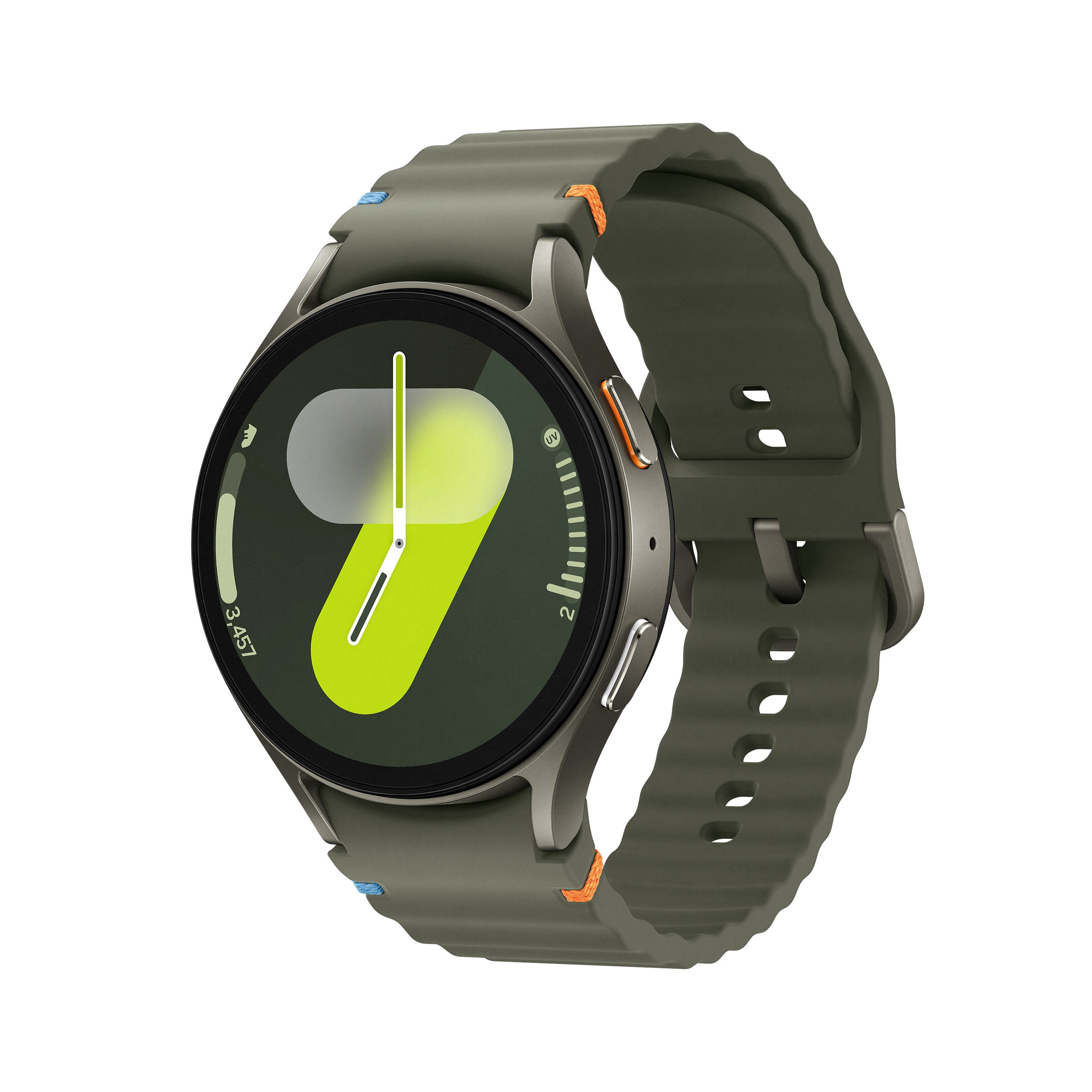 Oliwkowy smartwatch z zielono-żółtym wyświetlaczem, na białym tle.