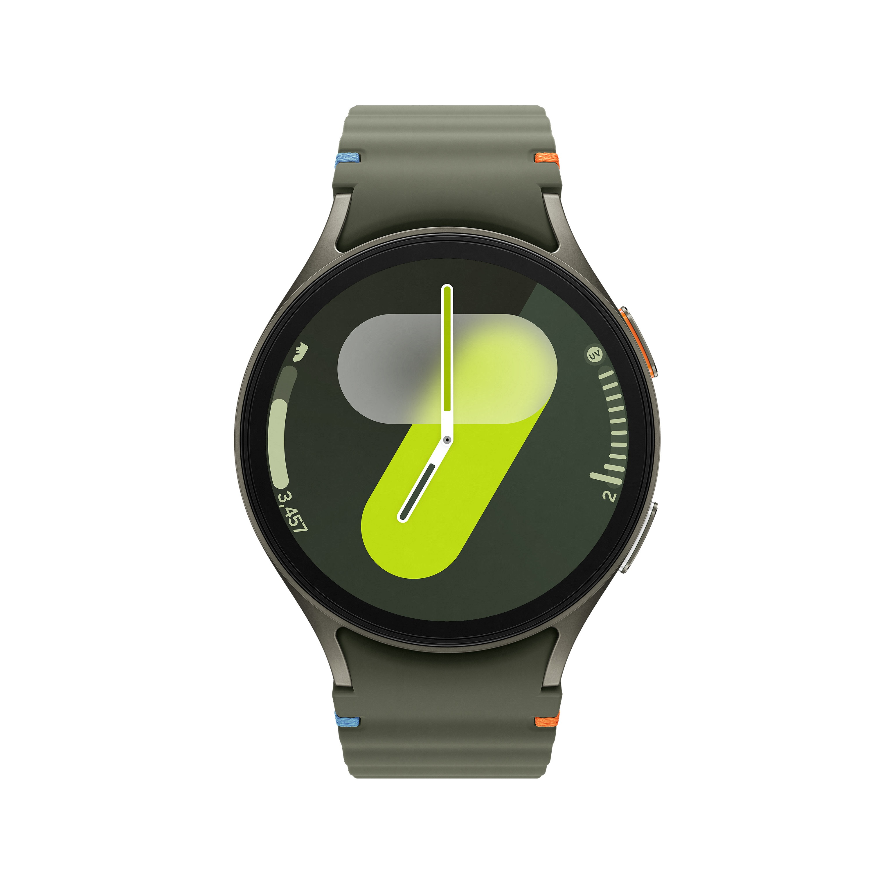 Zielony smartwatch z ciemnozielonym paskiem i dużą, zieloną cyfrą 9 na ekranie.