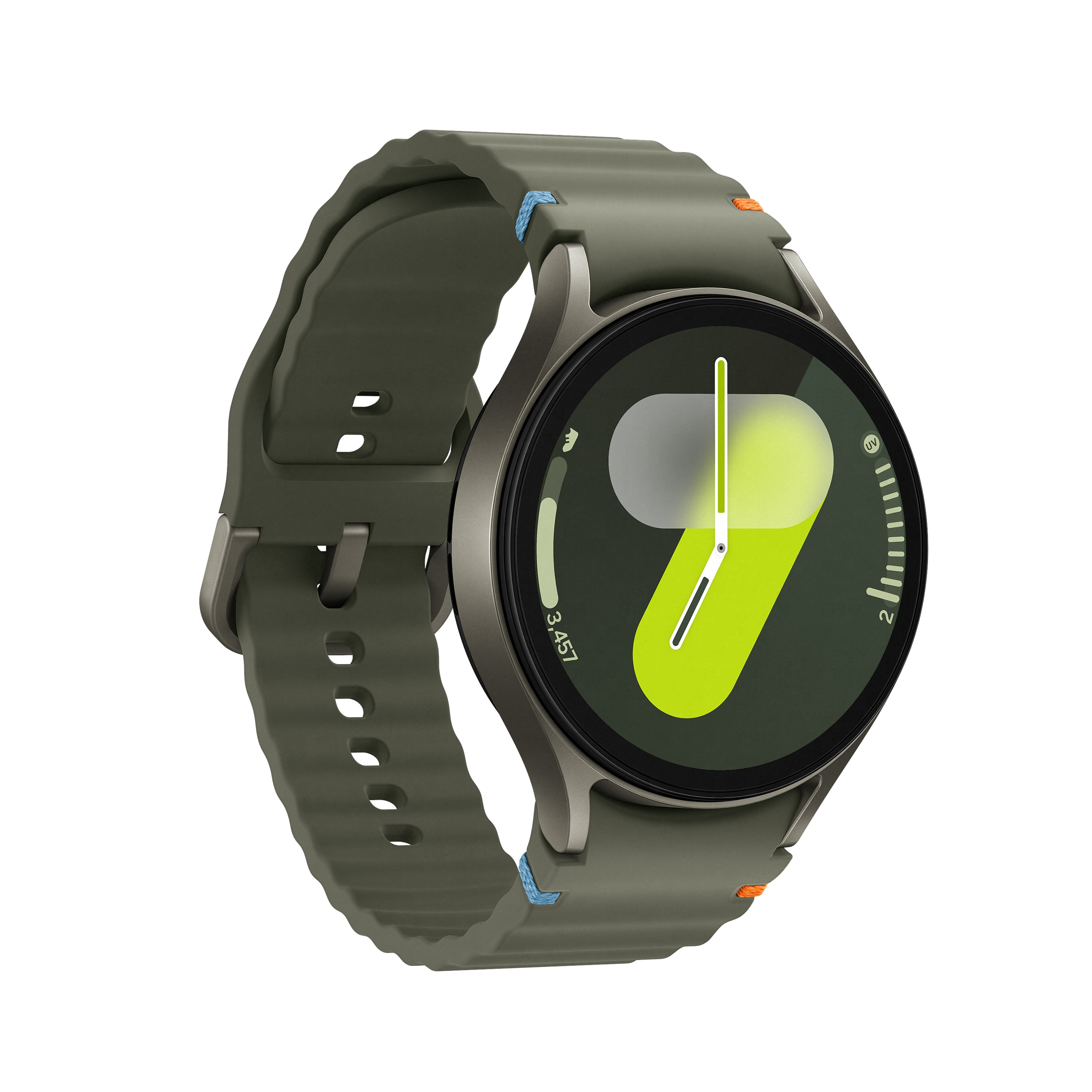 Zielony smartwatch z oliwkowym paskiem. Wyświetla czas i aktywność.