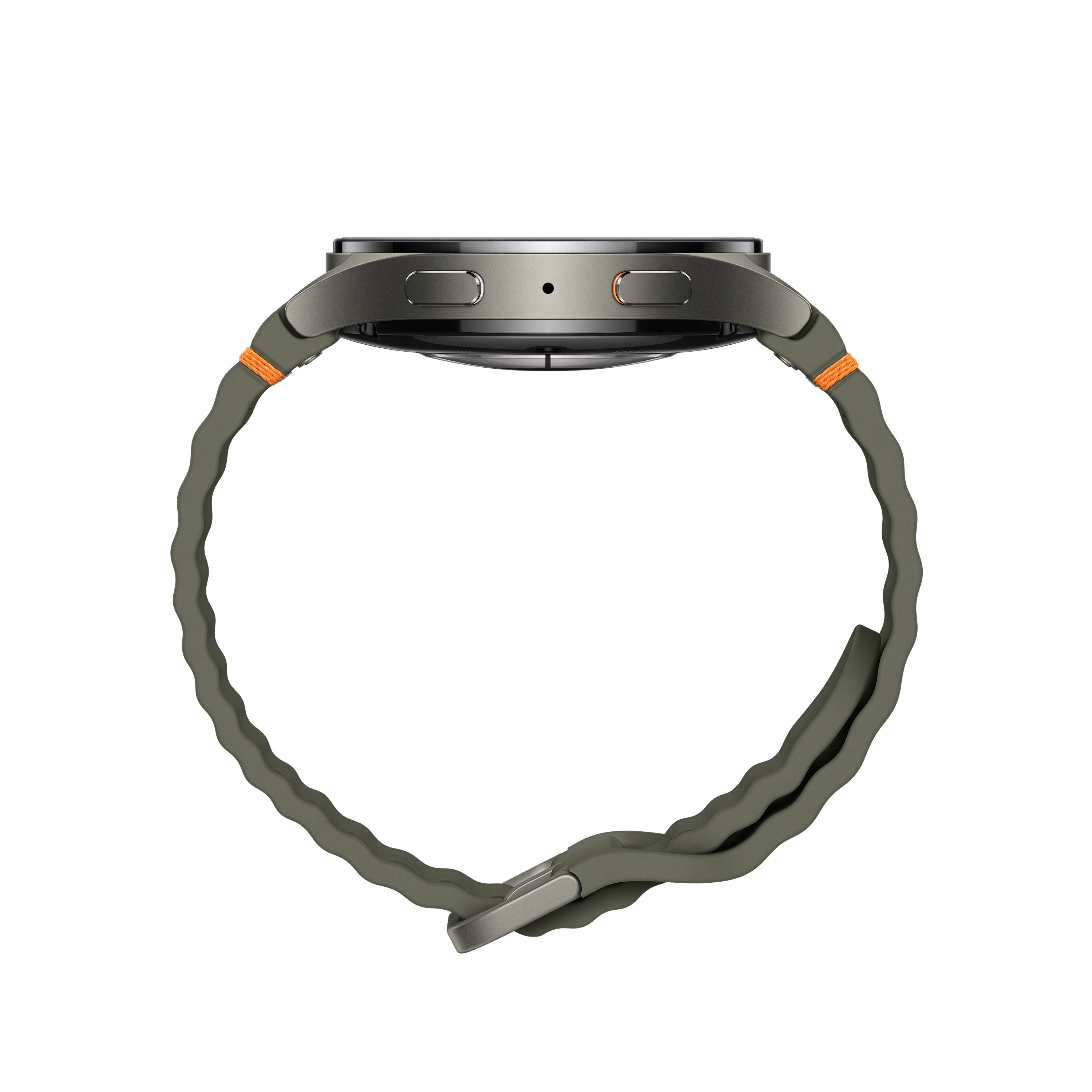 Smartwatch z boku. Jest szary z oliwkowozielonym paskiem i pomarańczowymi detalami.