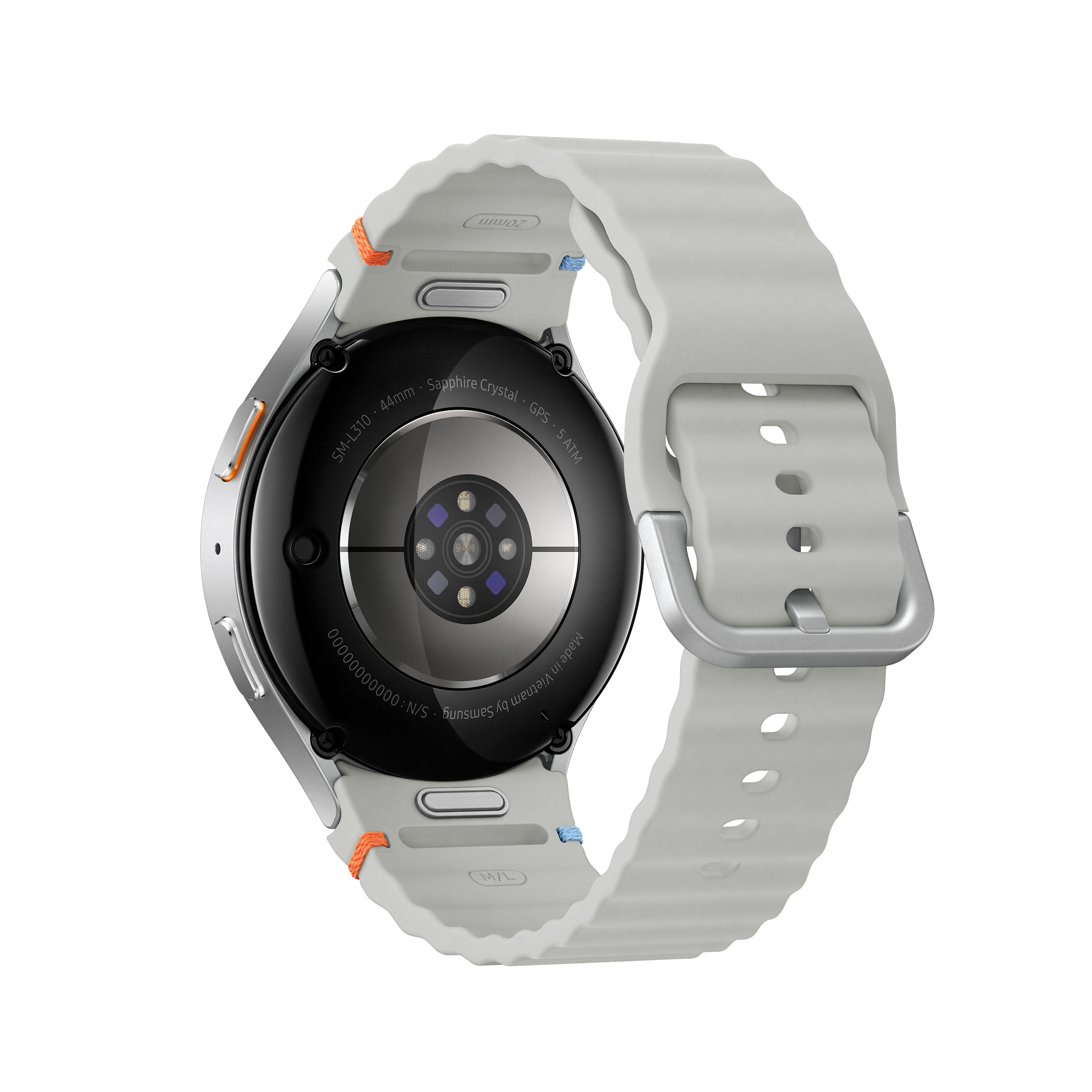 Srebrny i szary smartwatch z białym paskiem. Widoczny tył zegarka.