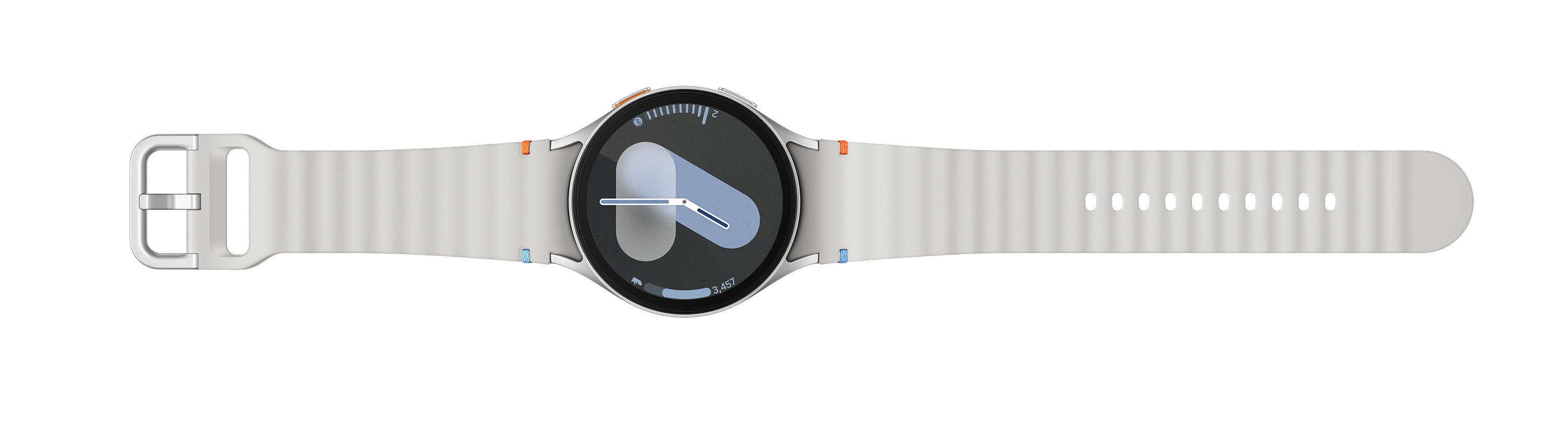 Biały smartwatch z jasnoszarym paskiem leży płasko na białym tle.