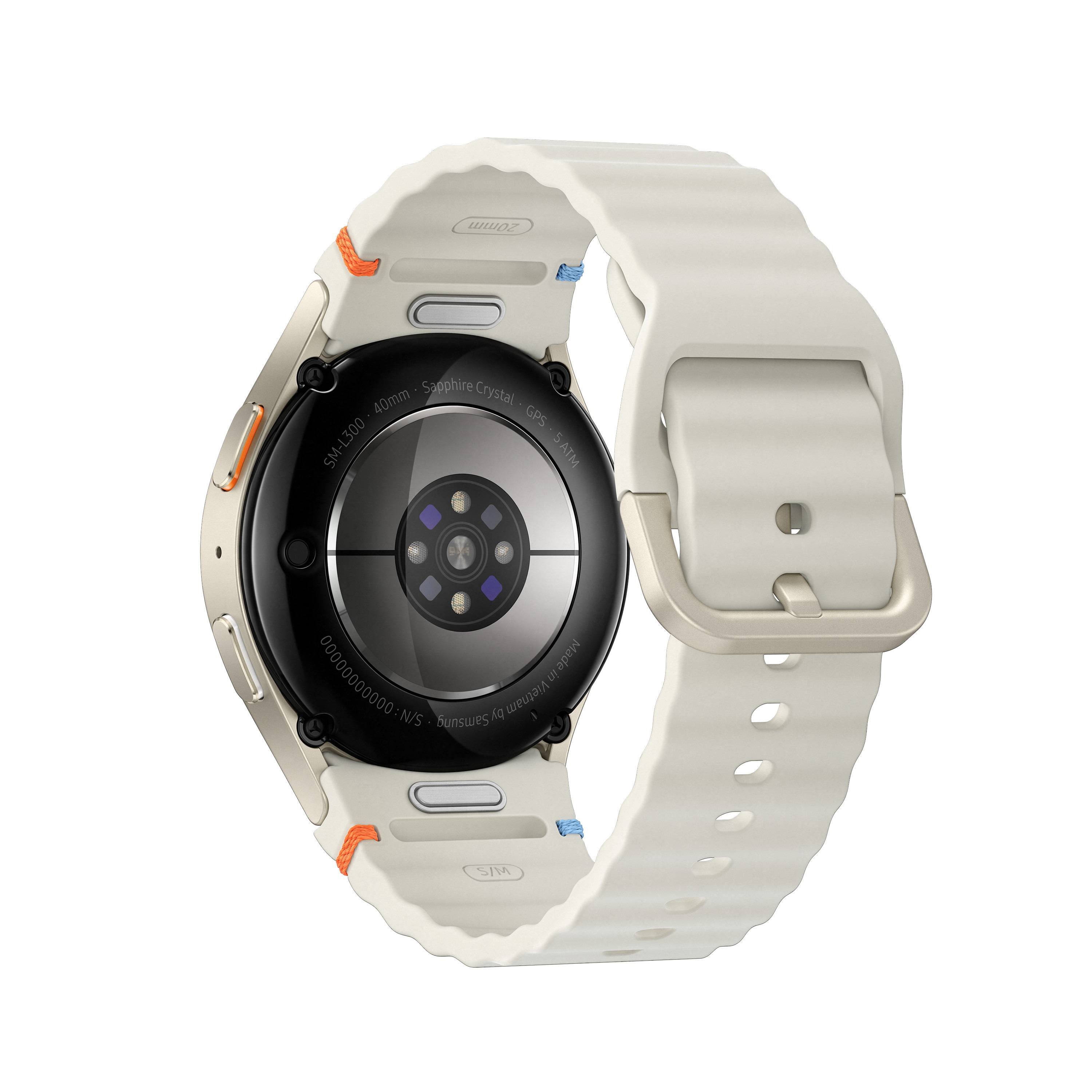 Biały smartwatch, tyłem do góry, biały pasek.