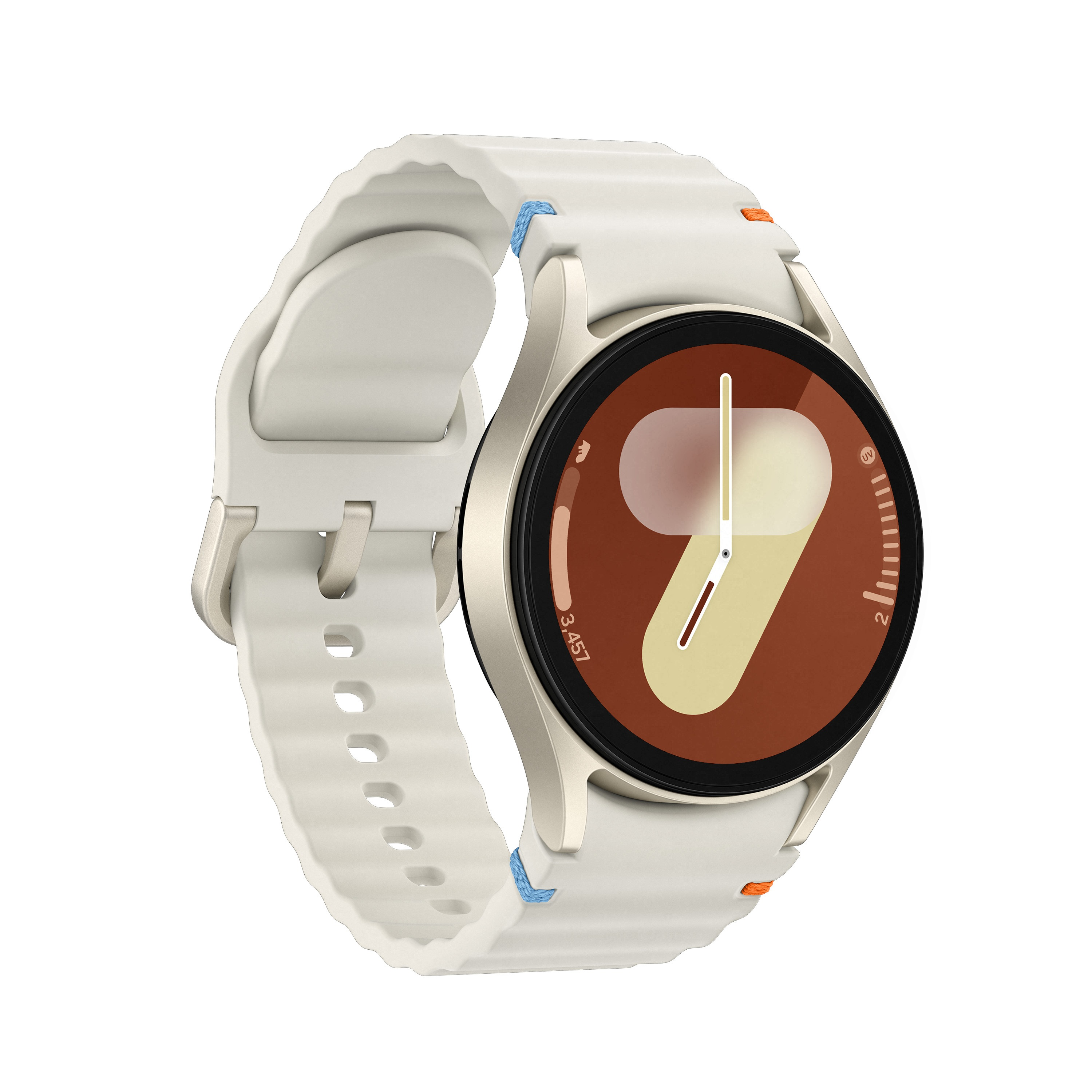 Smartwatch z białym paskiem i złotą kopertą. Zegarek wyświetla brązowy kolor.