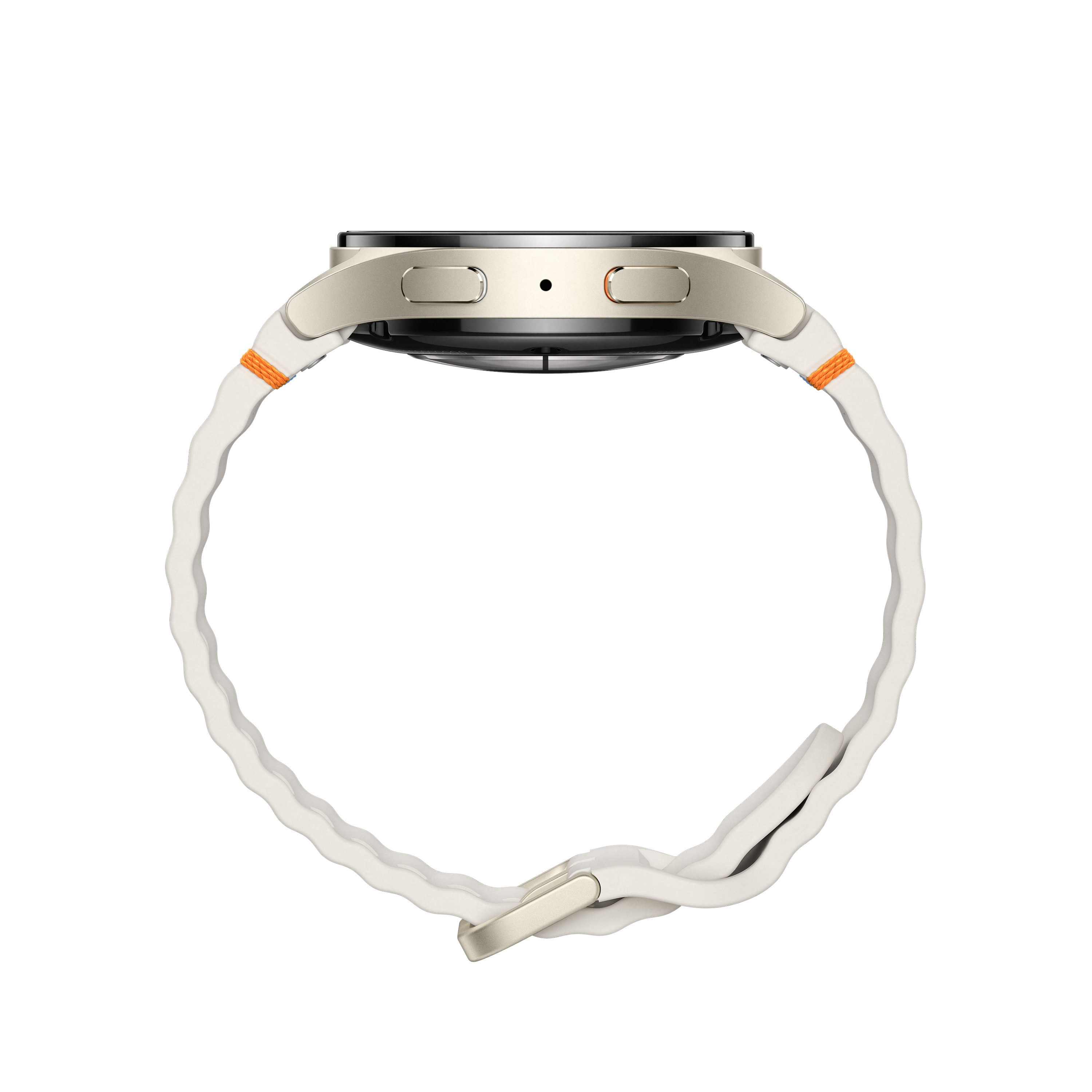 Widok z boku srebrnego smartwatcha z białym paskiem i pomarańczowymi detalami.
