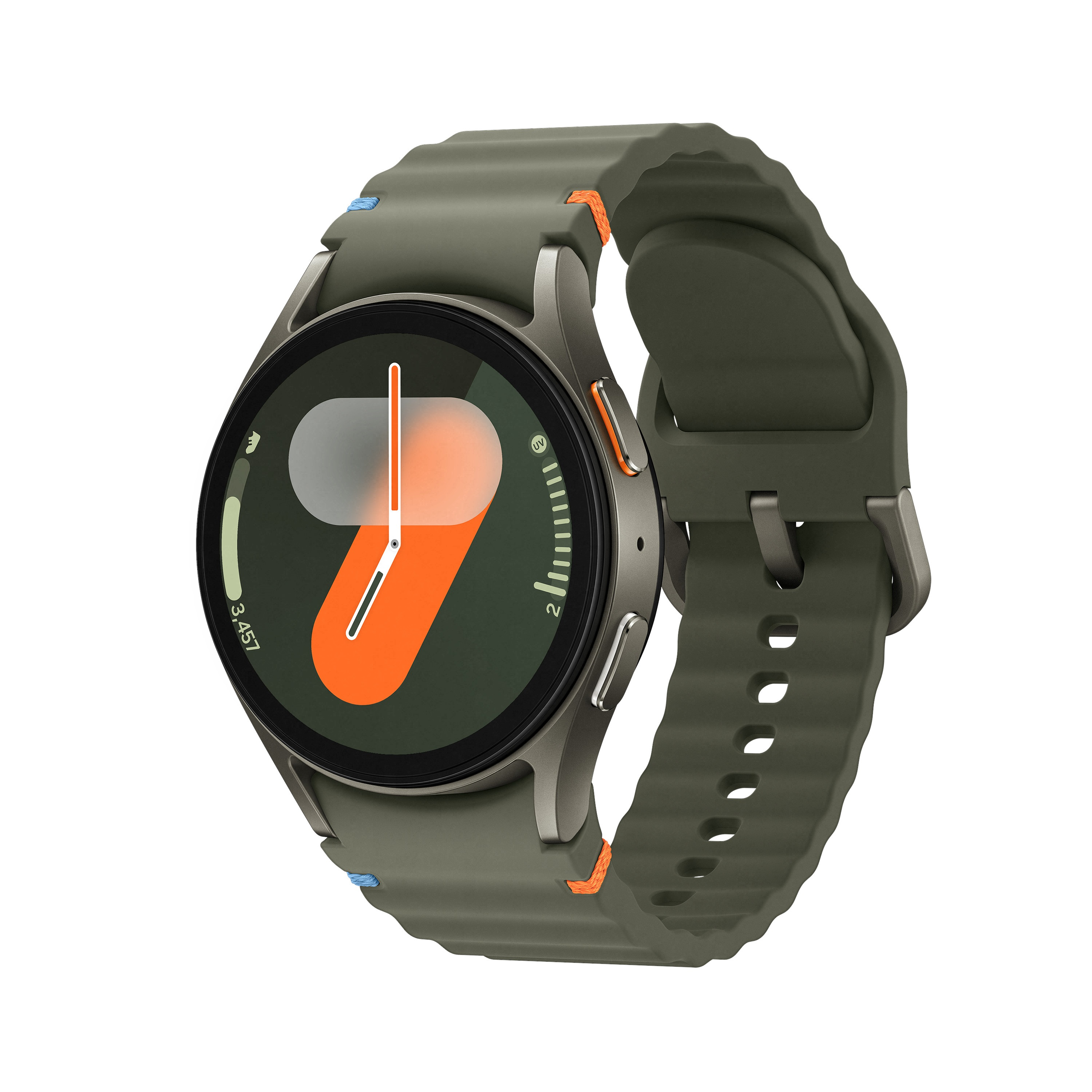 Smartwatch z zielonym paskiem i pomarańczowymi akcentami. Tarcza zegarka pokazuje godzinę i kroki.