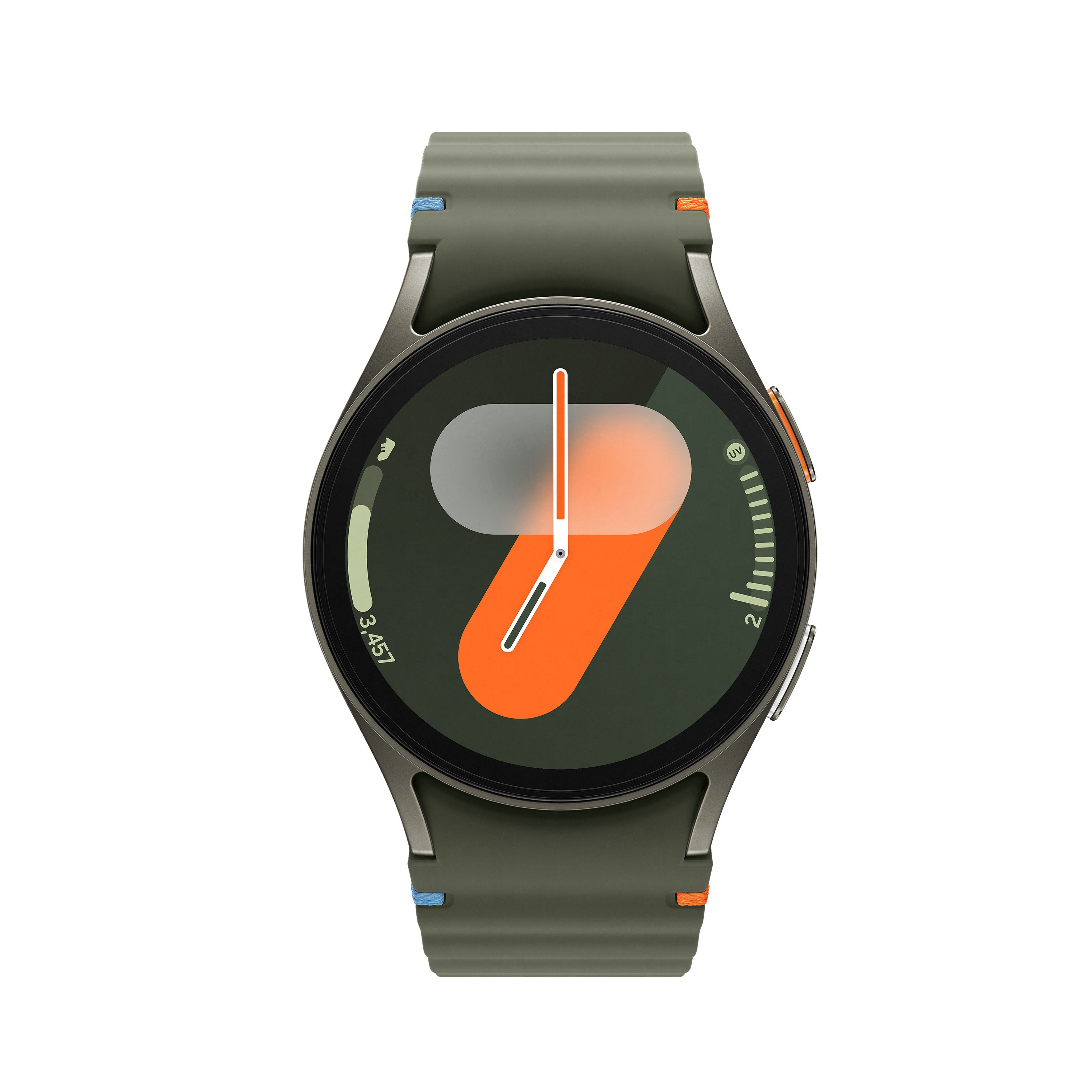 Smartwatch z zielonym paskiem i okrągłą tarczą, wyświetlający pomarańczowo-szary design.