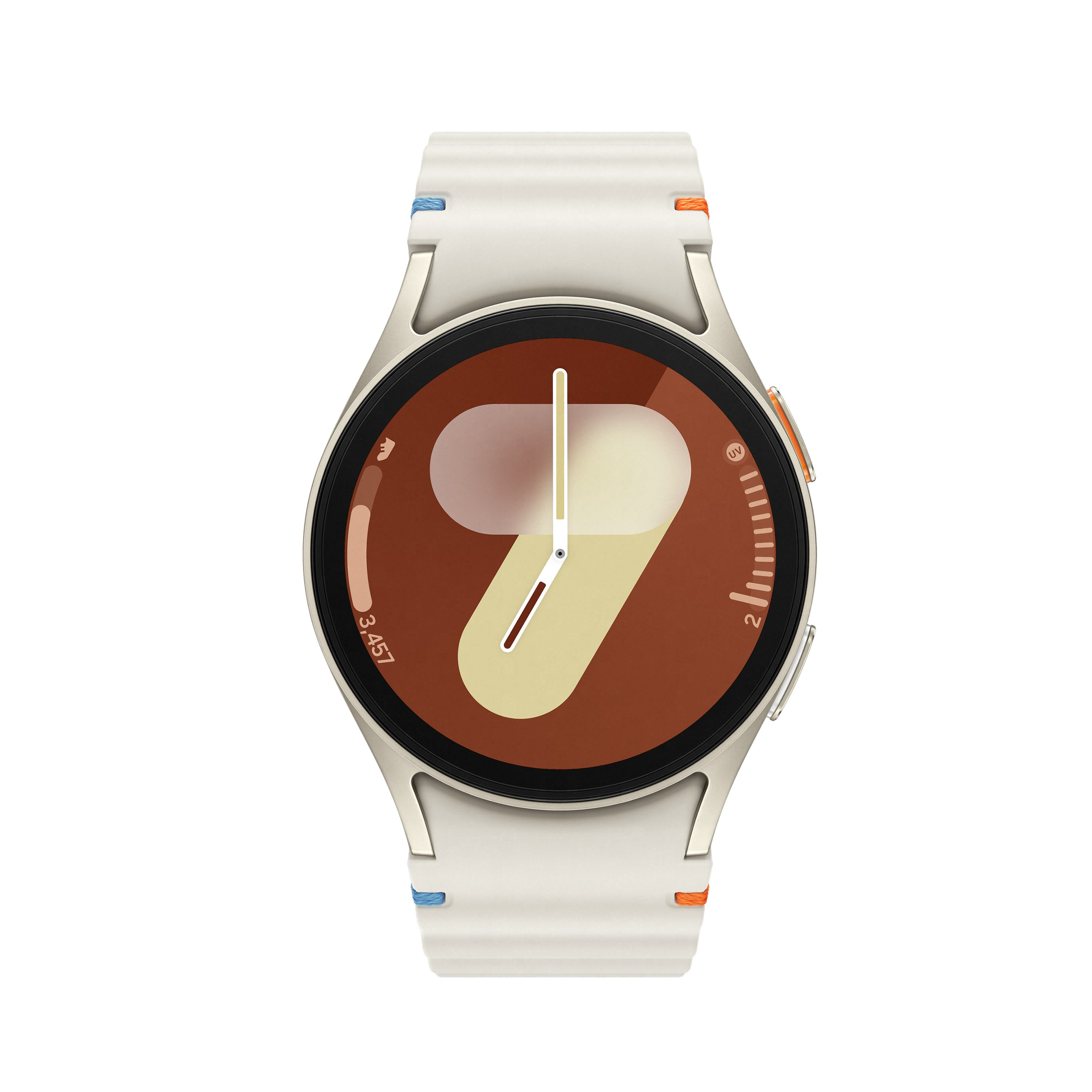 Srebrny i biały smartwatch z brązową tarczą i białym paskiem.