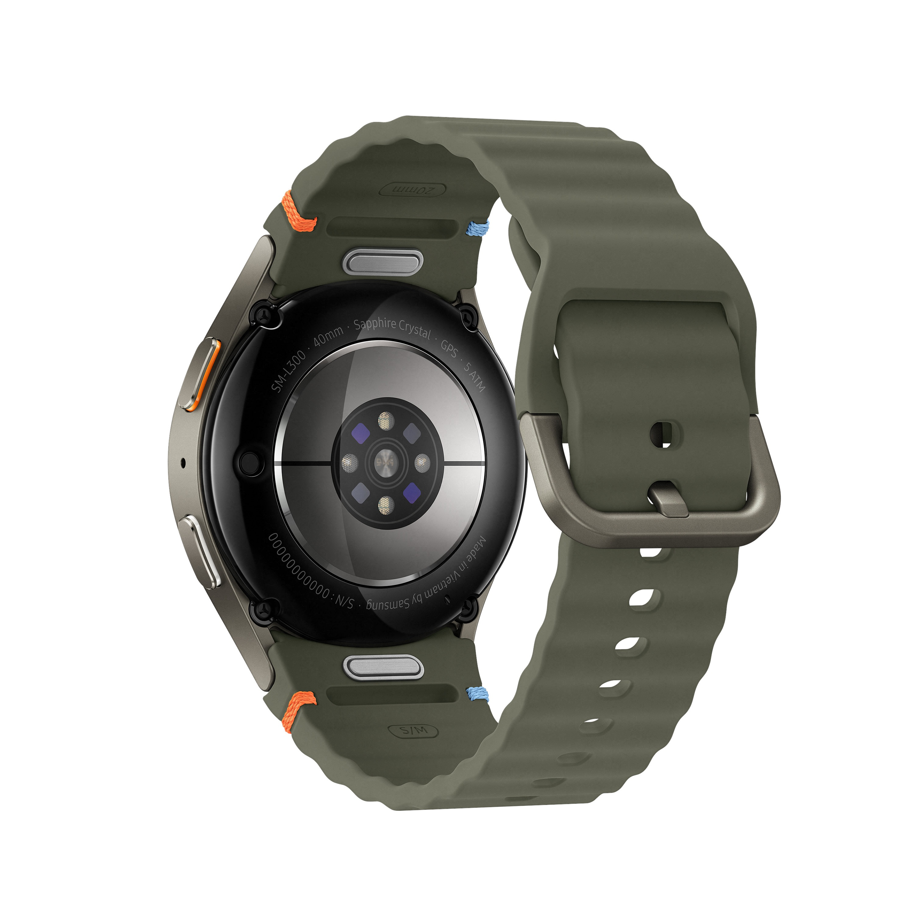 Zbliżenie na smartwatch pokazujące tył z zielonym paskiem.