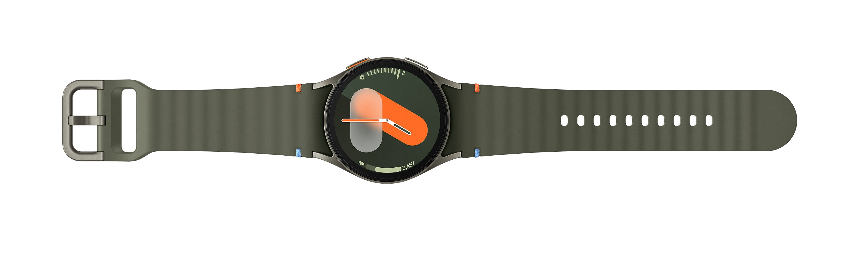 Smartwatch z zielonym paskiem i okrągłą tarczą. Tarcza wyświetla kolory pomarańczowy i biały.