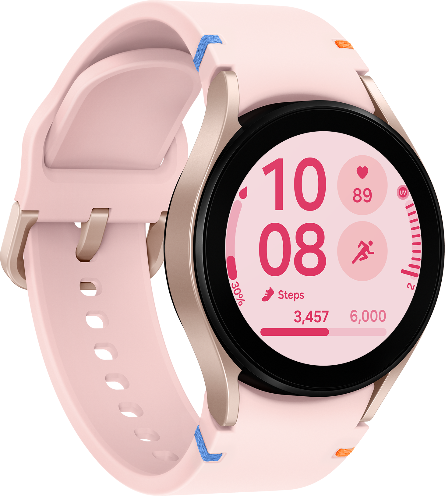 Rosafarbene Smartwatch mit rundem Zifferblatt, das Zeit und Gesundheit anzeigt. Rosa Armband, schwarzer Hintergrund.