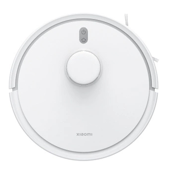 Biały odkurzacz robot, okrągły kształt, widok z góry. Nazwa marki Xiaomi.